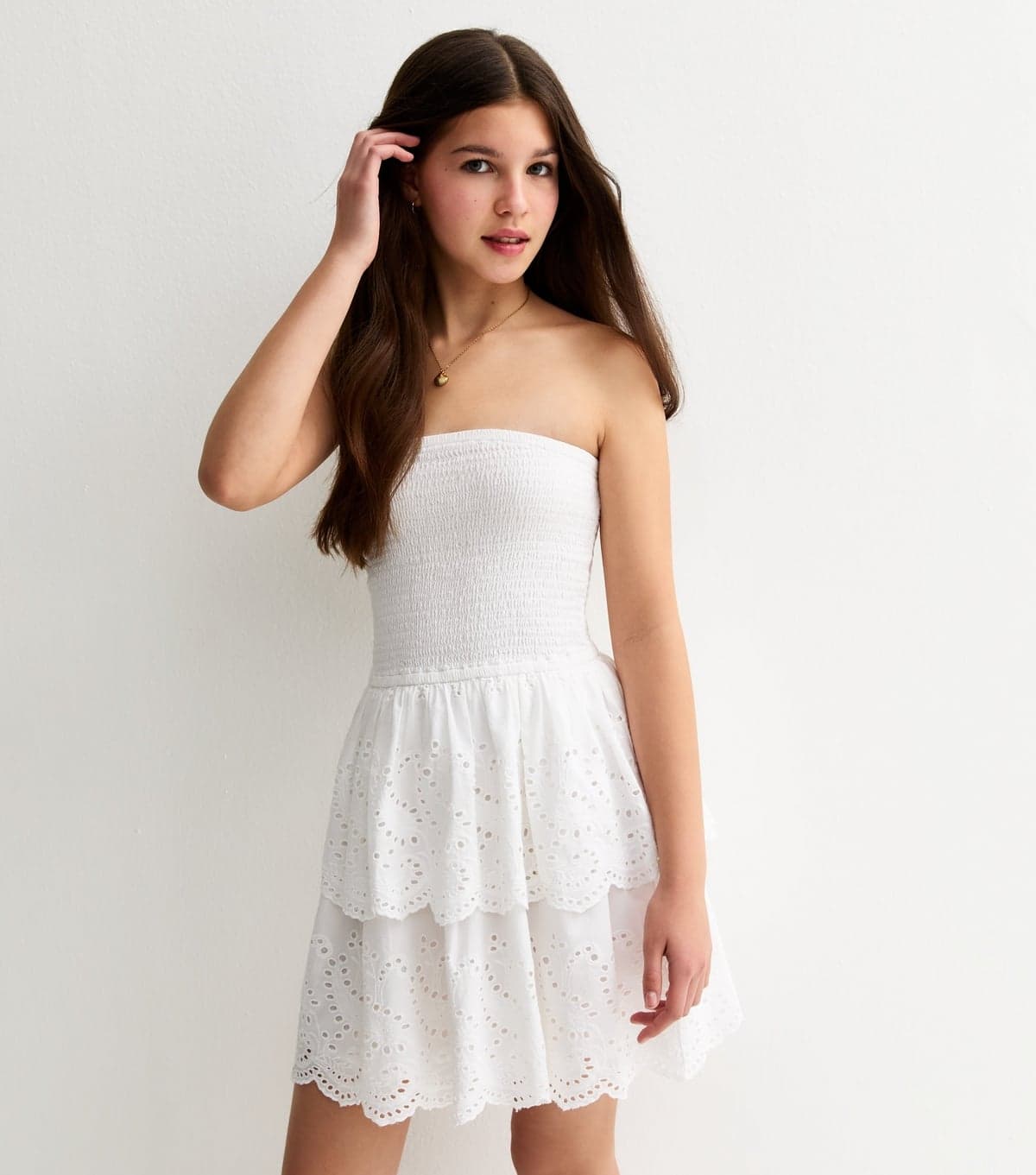 New Look Girls' White Shirred Broderie Anglaise Rara Dress New Look