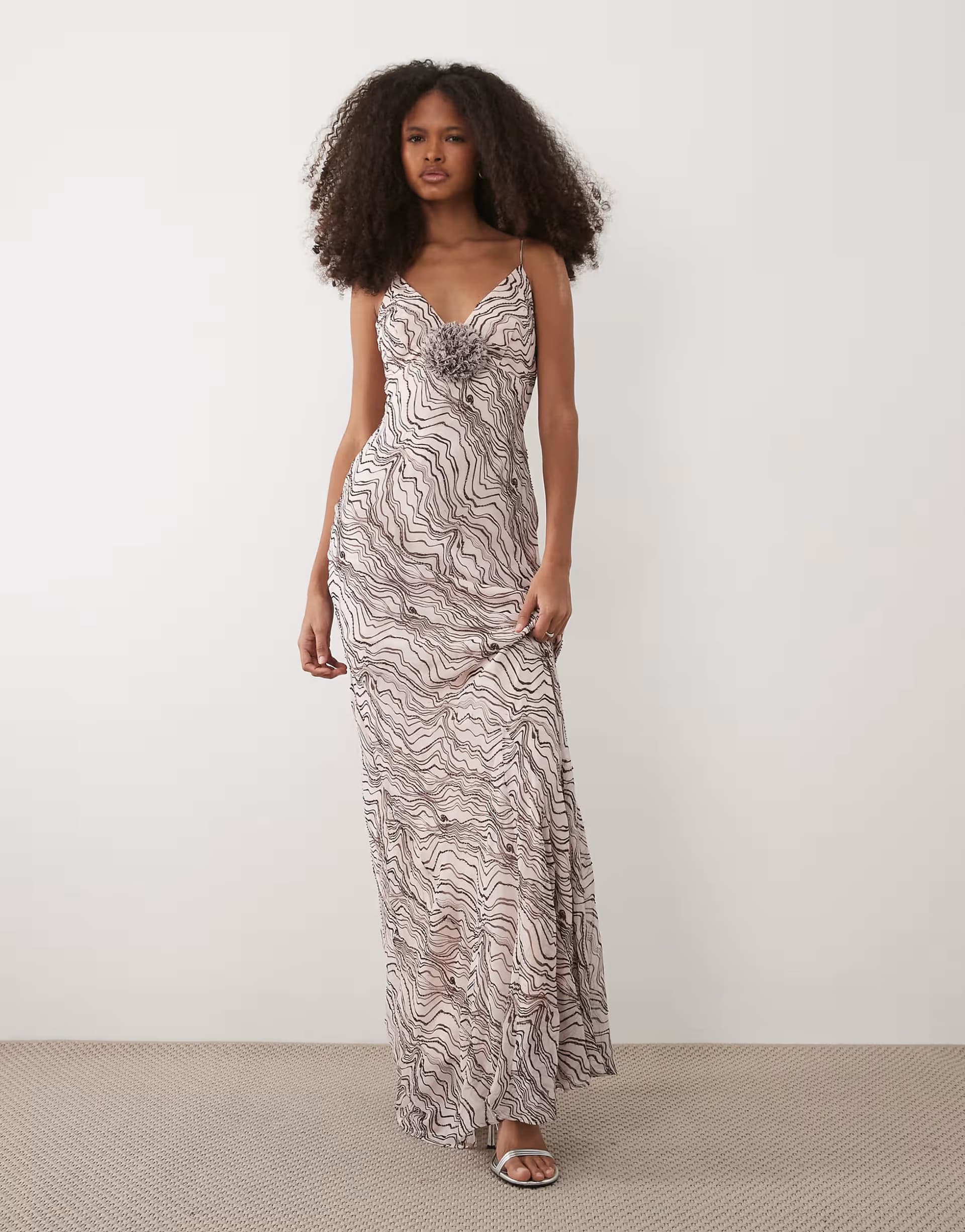 ASOS Six Stories strappy corsage beaded abstract maxi dress in pale pink