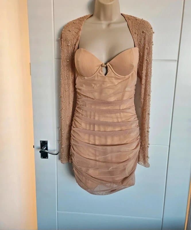 Oh Polly Oh Polly gold long sleeves scrunch ruched pearl beaded embellished dress new 10 party night out