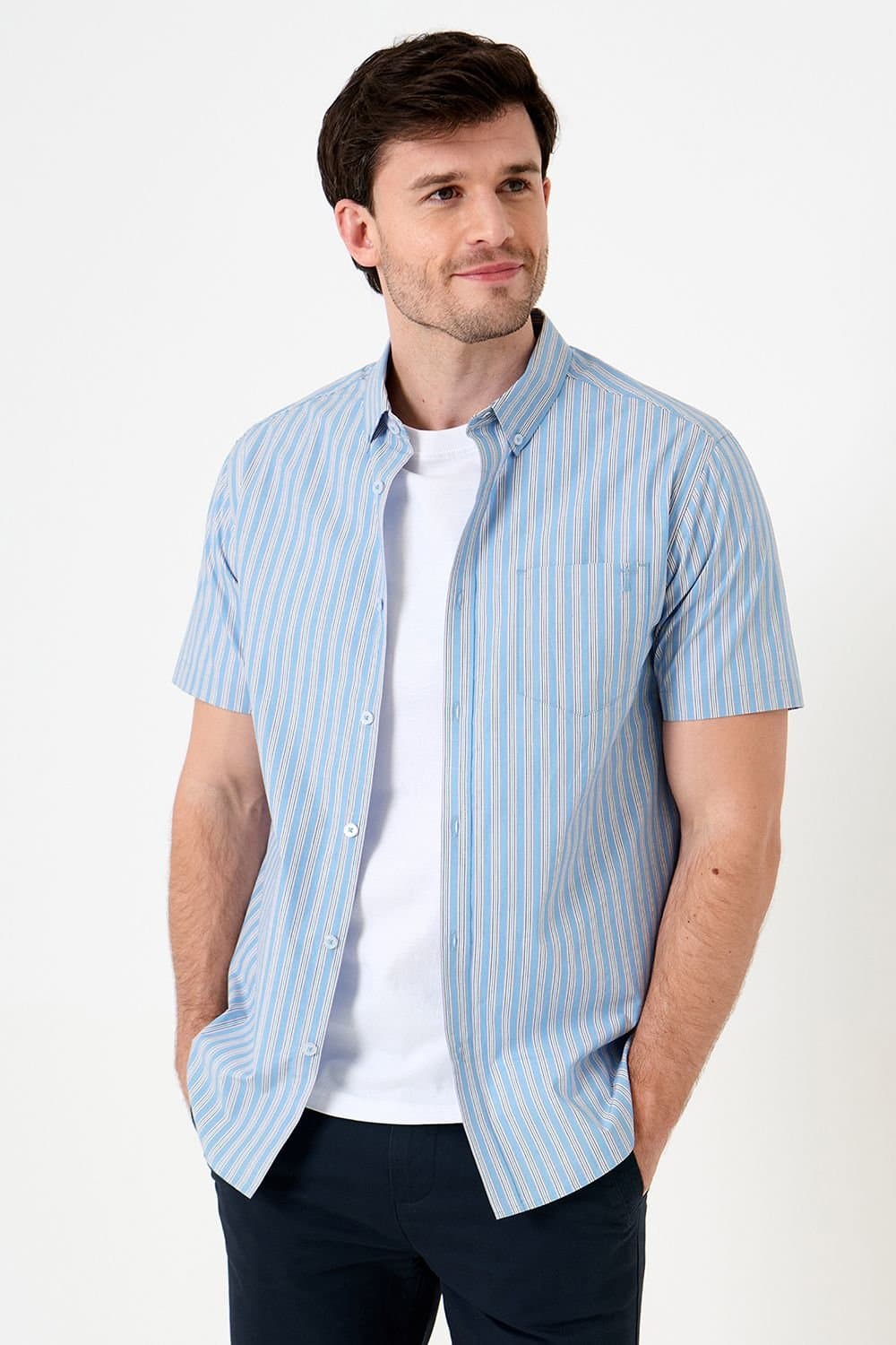 Saltwell Saltwell Men's Stripe Peached Cotton Short Sleeve Shirt in Blue