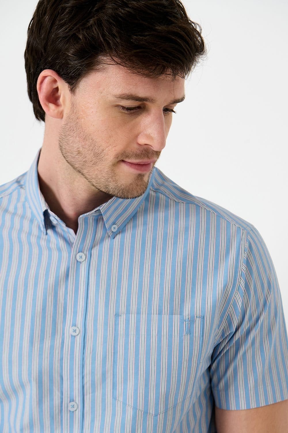 Saltwell Saltwell Men's Stripe Peached Cotton Short Sleeve Shirt in Blue - 4