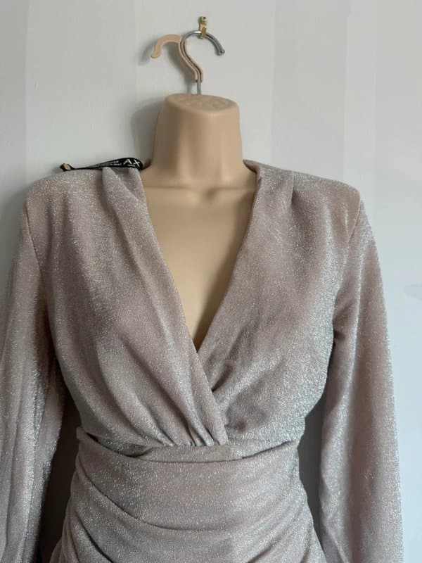 AX Paris AX Paris Champagne Glitter Midi Dress UK 10 Wrap Ruched Occasion Wedding Guest