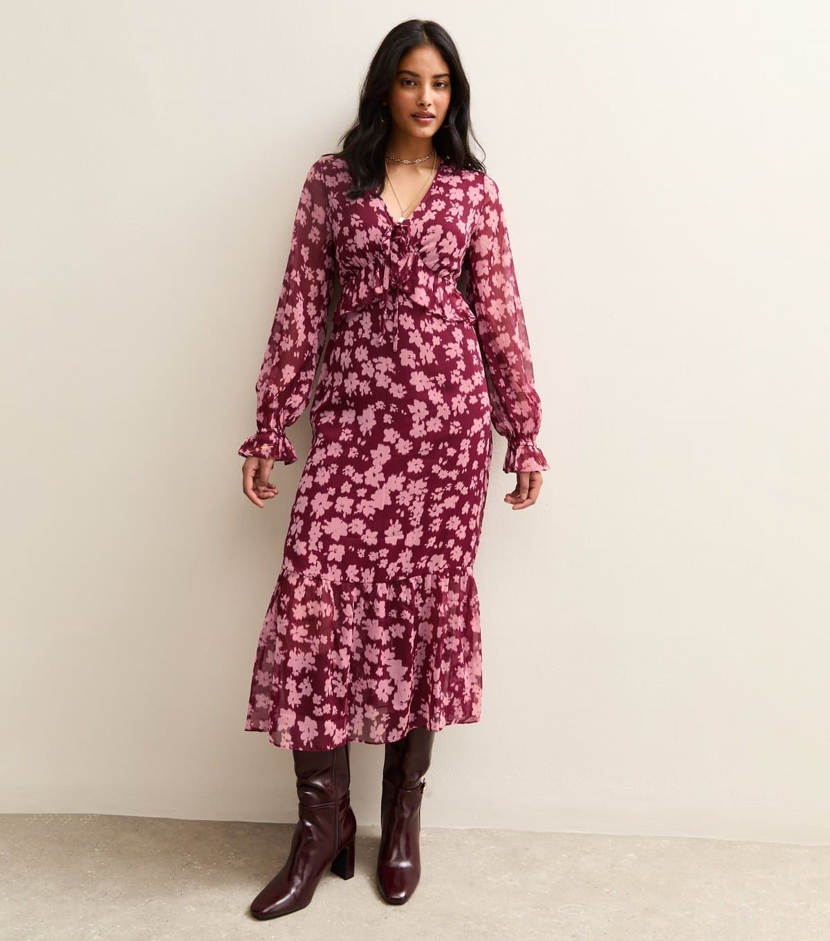 New Look Women's Pink Crinkled Chiffon Floral Print Midi Dress New Look