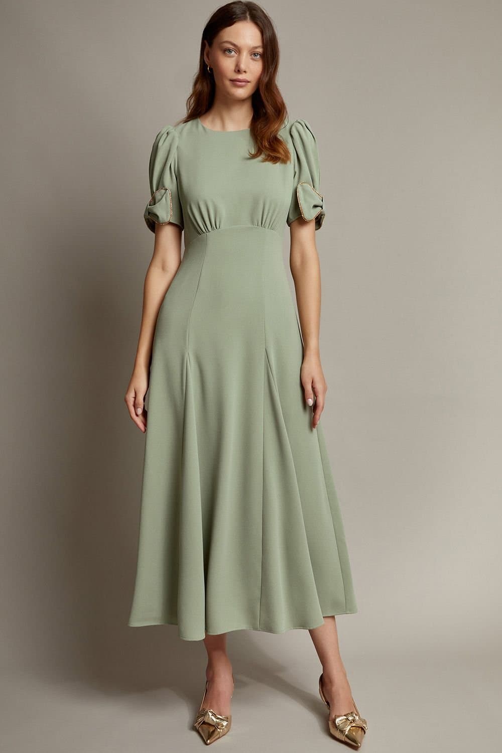 Monsoon Monsoon Women's Belle Bow Sleeve Midi Dress Green