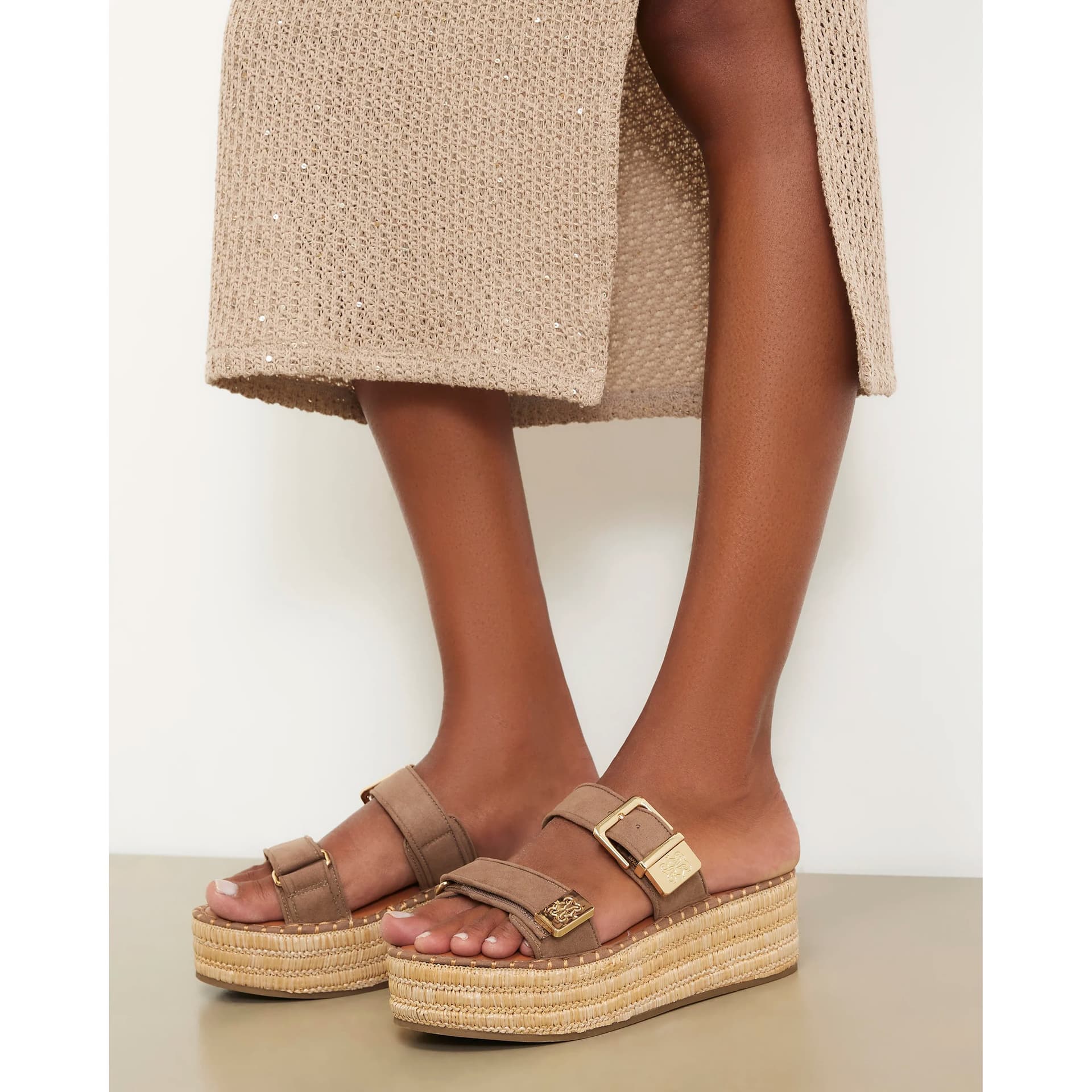 River Island River Island Womens Beige Hardware Double Strap Wedge Sandals
