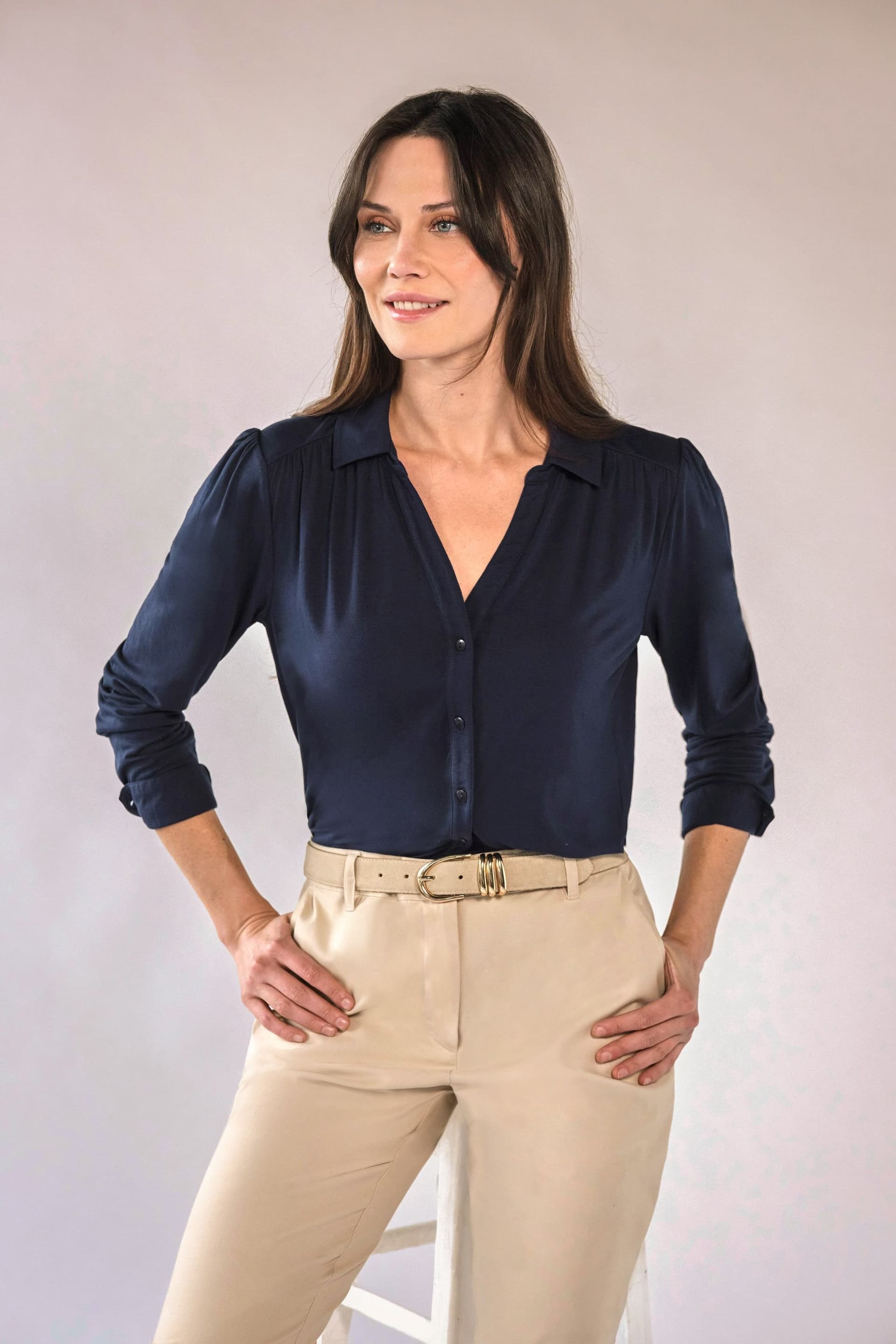 Pure Collection Pure Collection Women's Viscose Jersey V Neck Shirt in Navy