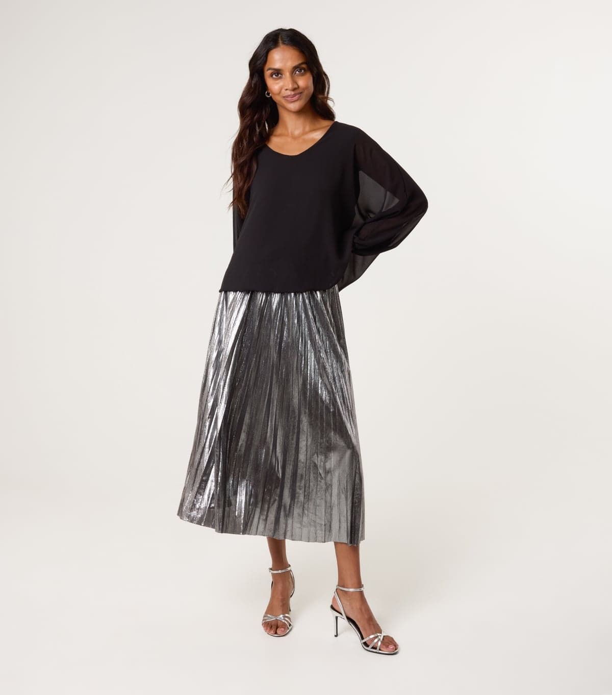 Blue Vanilla Women's Silver Metallic Pleated Midi Skirt Blue Vanilla New Look