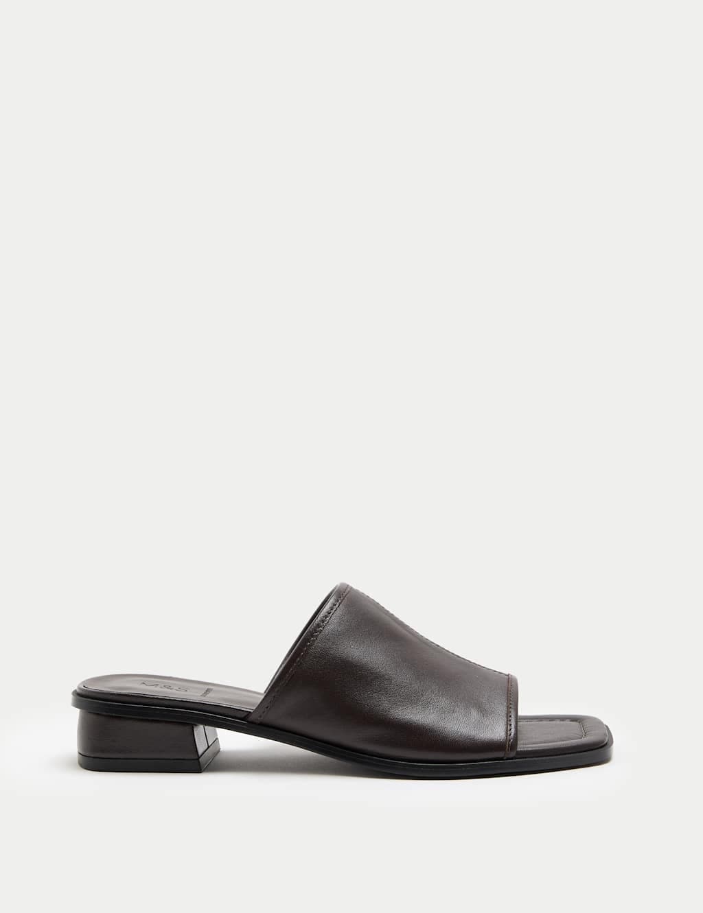 Marks & Spencer M&S Leather Block Heel Peep Toe Mules Brown
