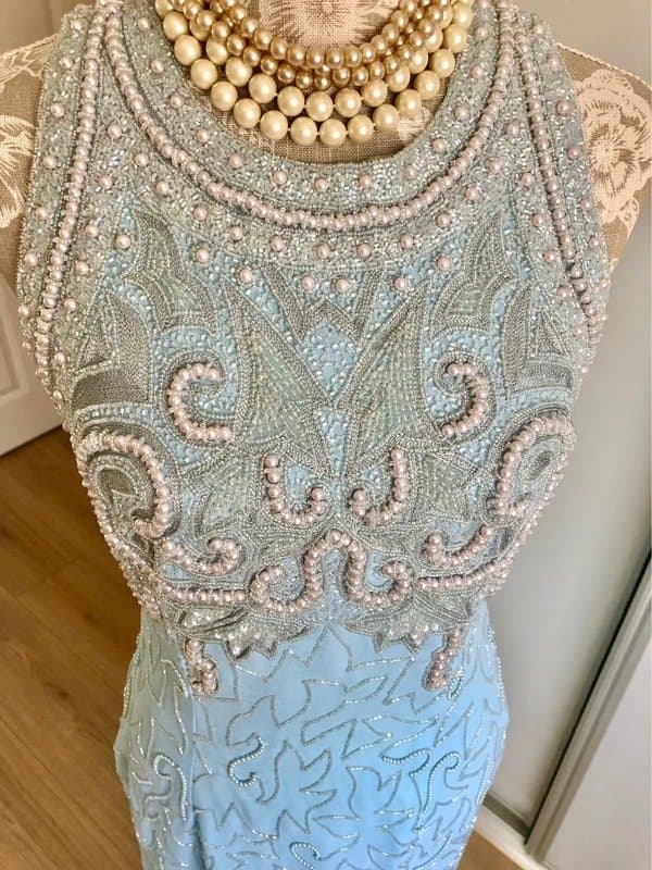 Aftershock Vintage Y2K Pastel Blue Hand Beaded Maxi Prom Dress / Evening Gown Gatsby Flapper Dress – size 10