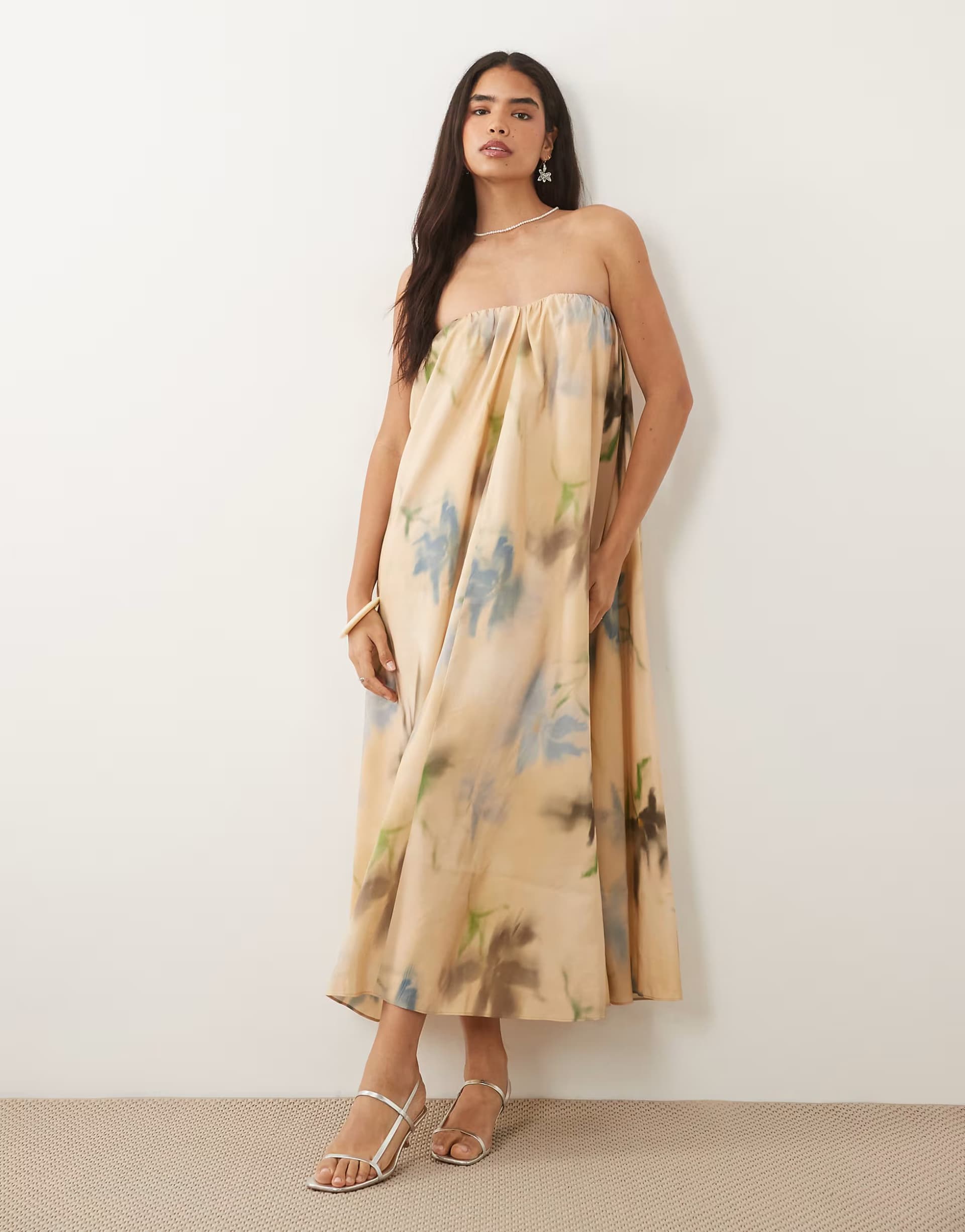 ASOS ASOS DESIGN bandeau ruched maxi dress in cream floral
