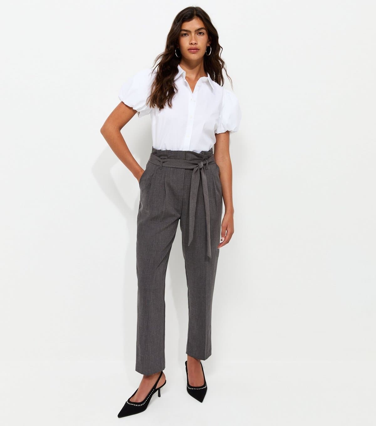 New Look Women's Dark Grey Paperbag Waist Tie Front Trousers New Look