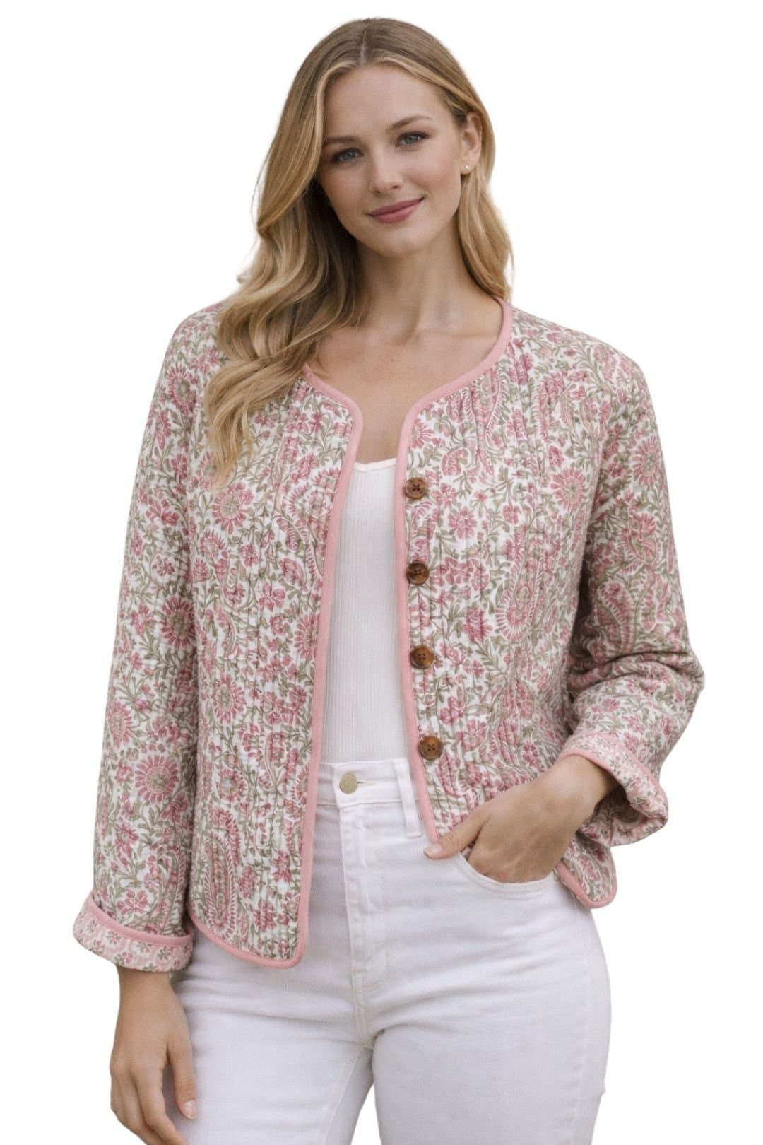 Soul of Sita Soul of Sita Women's Pink/Green Reversible Wood Block Print Cotton Jacket in Pink