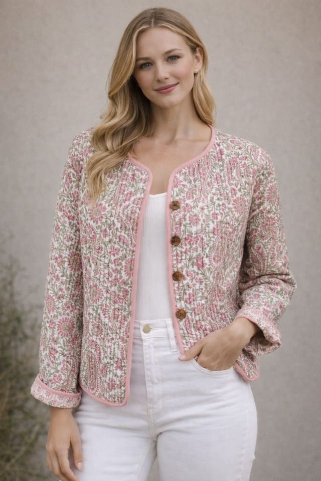 Soul of Sita Soul of Sita Women's Pink/Green Reversible Wood Block Print Cotton Jacket in Pink - 2