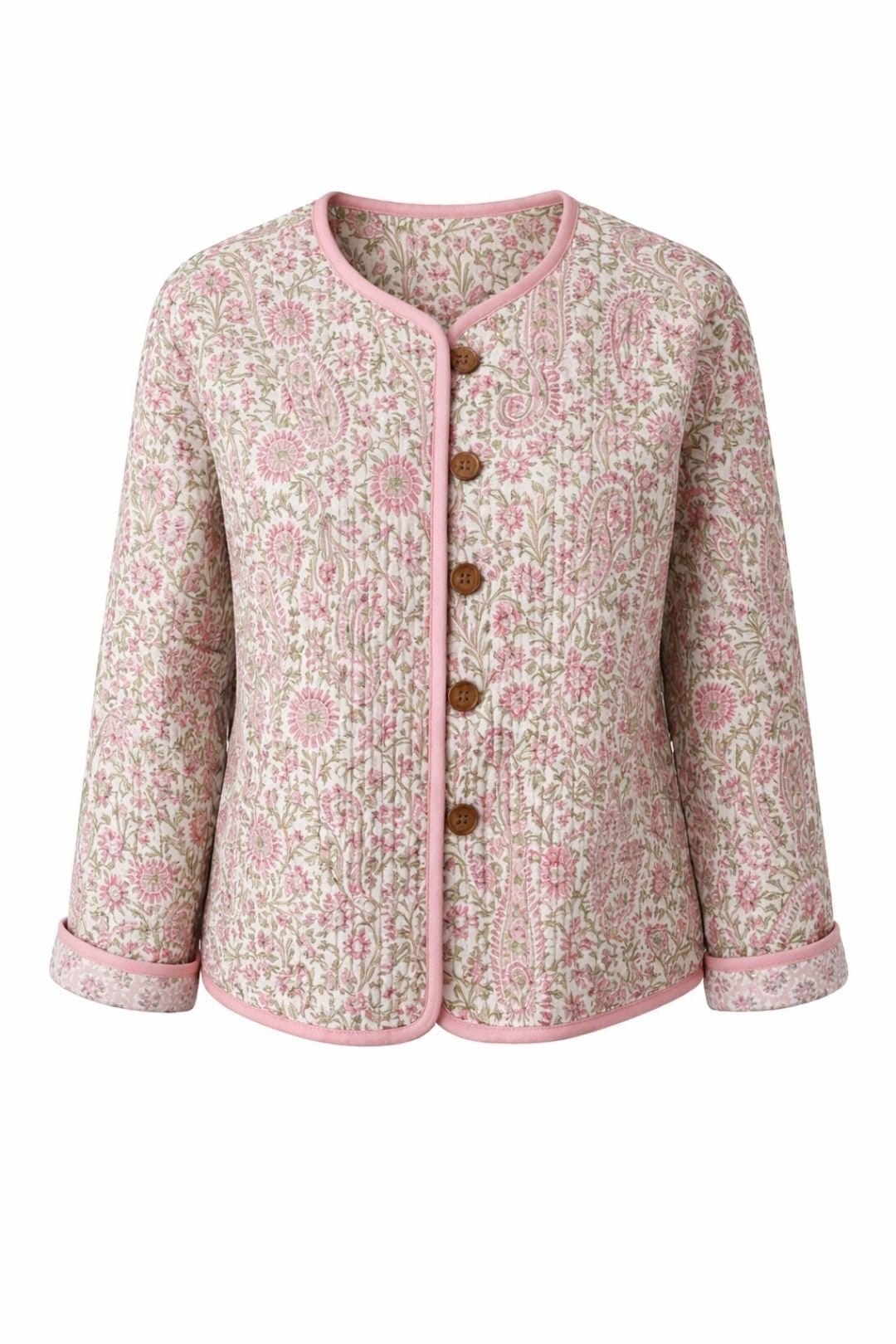 Soul of Sita Soul of Sita Women's Pink/Green Reversible Wood Block Print Cotton Jacket in Pink - 4