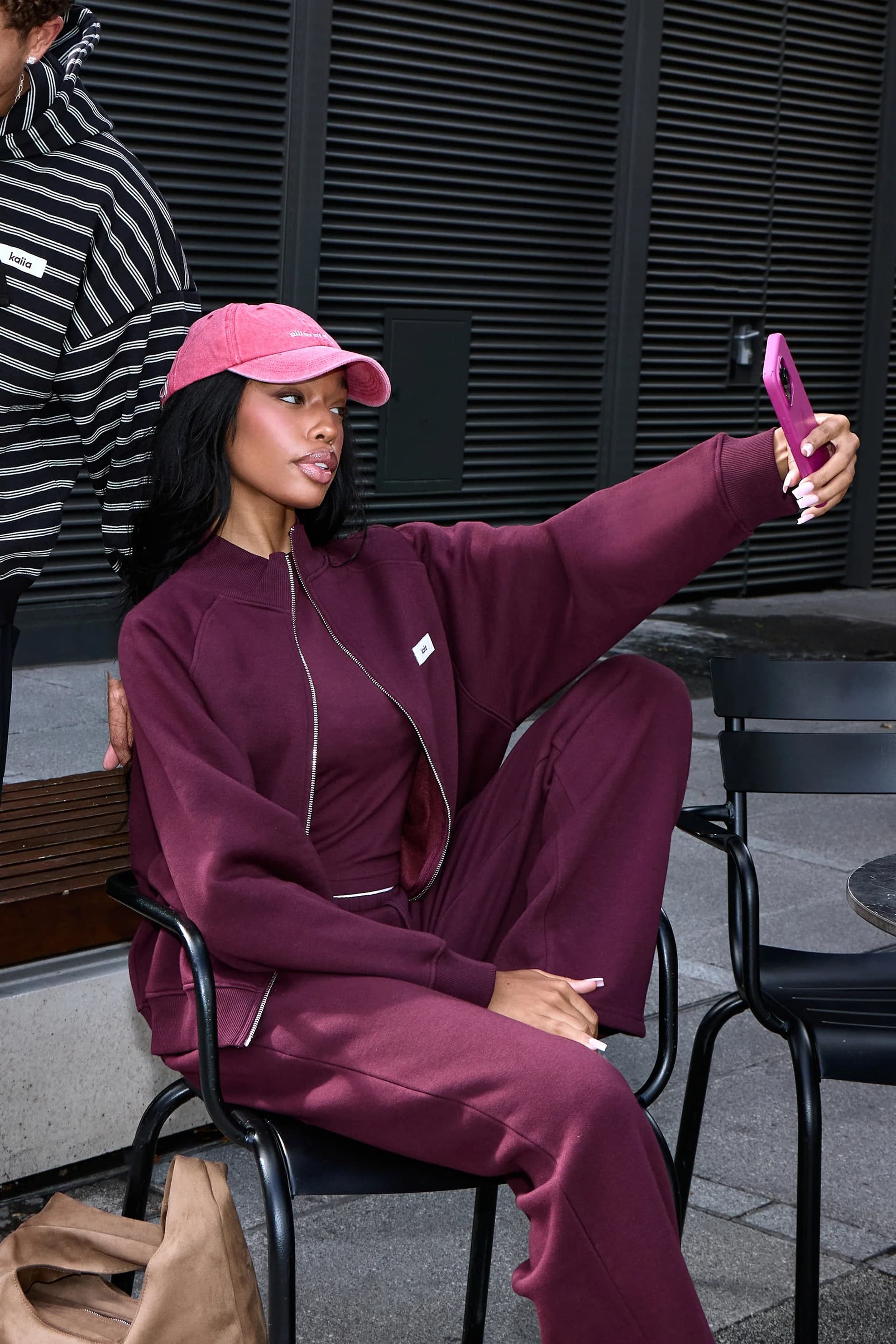 Kaiia Kaiia Label Logo Boxy Zip Through Sweatshirt Plum