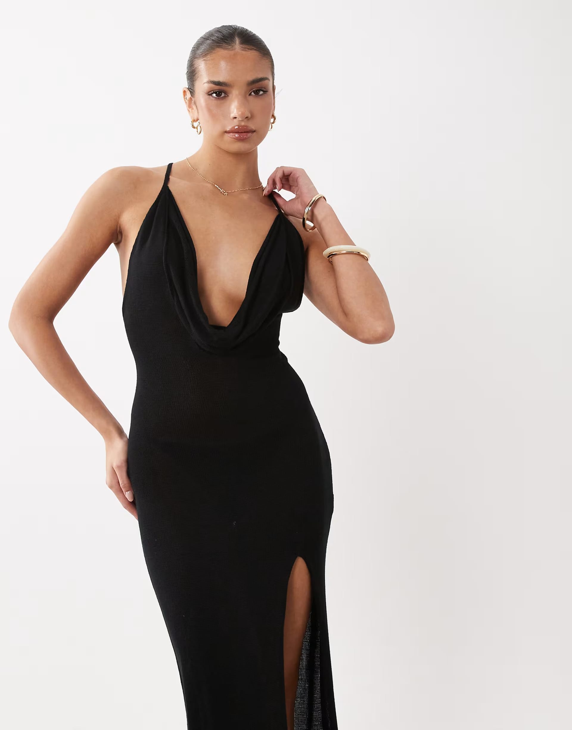 ASOS Flook the Label Black Knitted Cowl Neck Maxi Dress