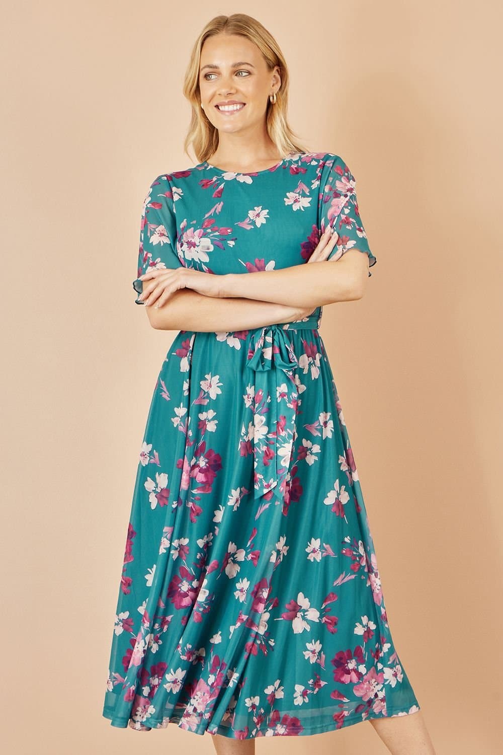 Yumi Yumi Women's Teal Mesh Skater Floral Midi Dress