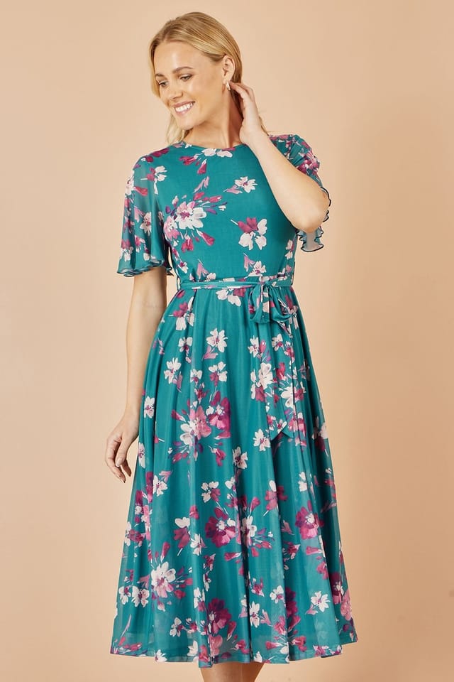 Yumi Yumi Women's Teal Mesh Skater Floral Midi Dress - 2
