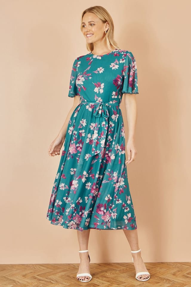 Yumi Yumi Women's Teal Mesh Skater Floral Midi Dress - 3