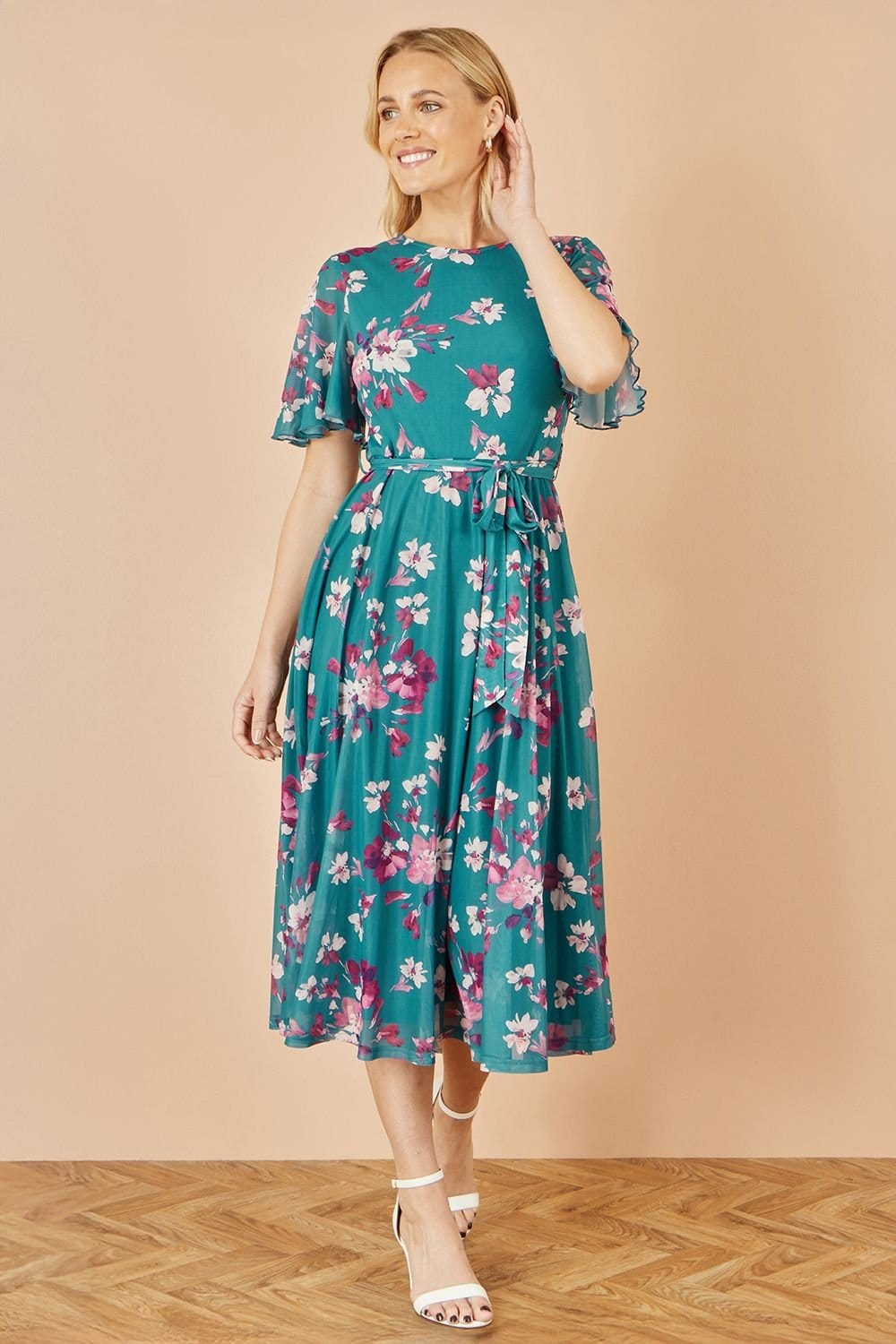 Yumi Yumi Women's Teal Mesh Skater Floral Midi Dress - 4