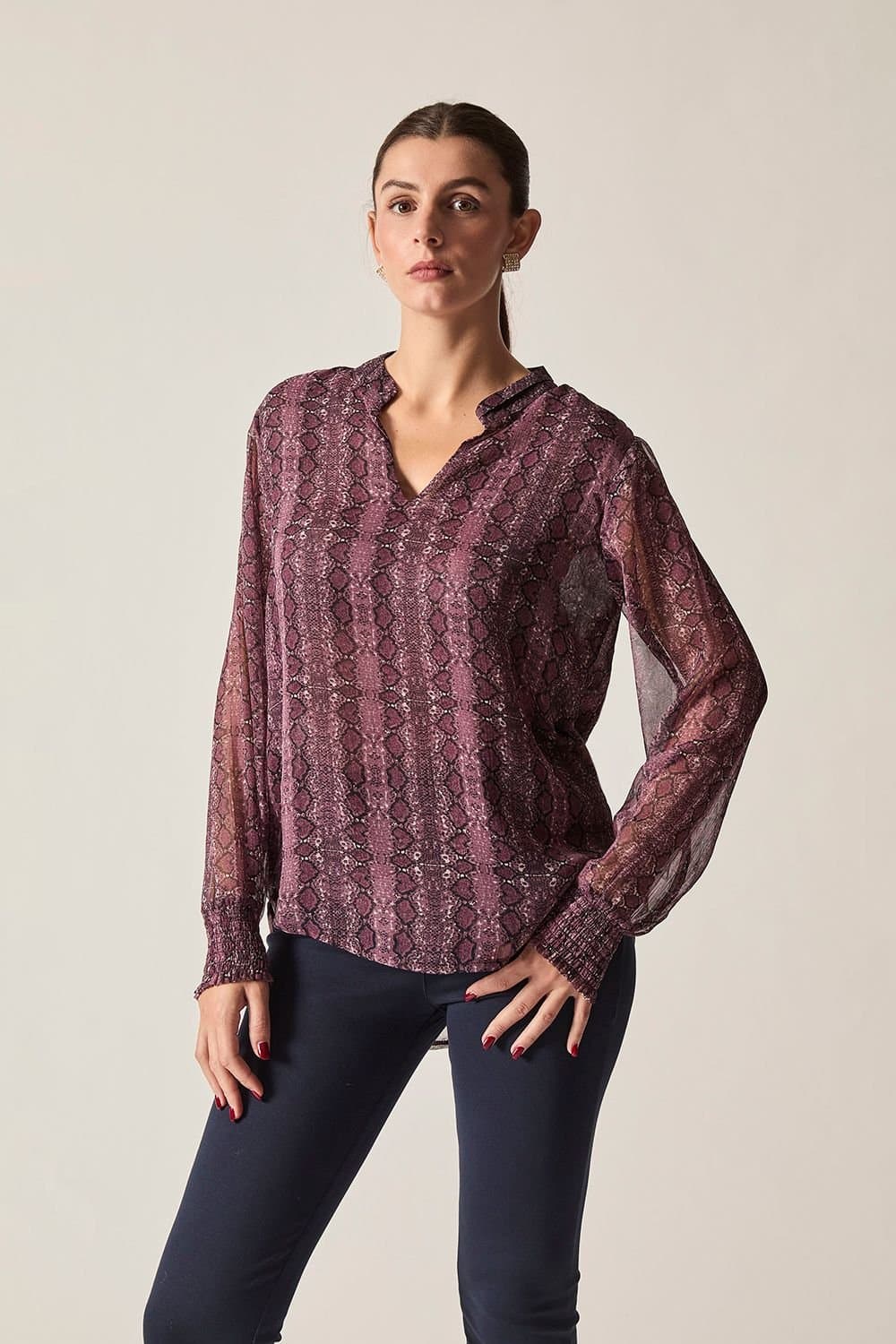 James Lakeland James Lakeland Women's Snake Print Sheer-Sleeve Purple Blouse