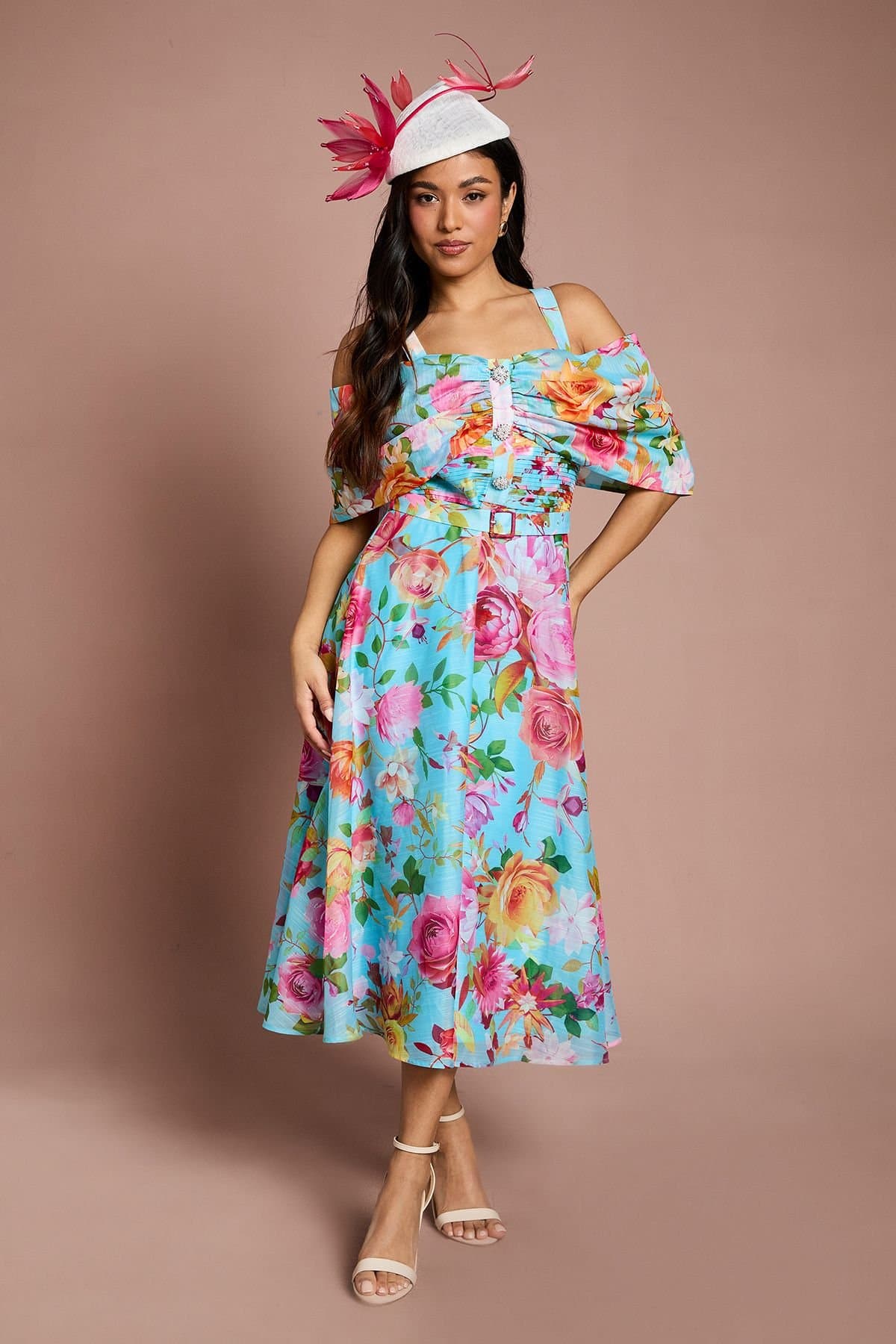 Coast Coast Women's Petite Lisa Tan Bardot Full Skirt Midi Dress in Blue