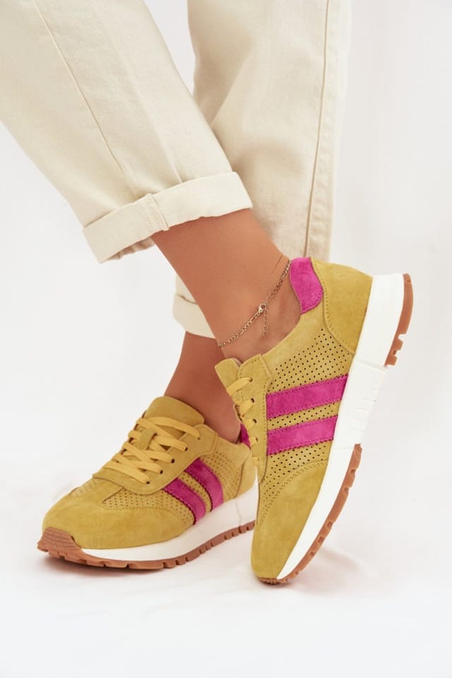 Love Lace Love Lace Women's Natural Suede Sneaker with Side Straps & Soft Insole in Yellow - 3
