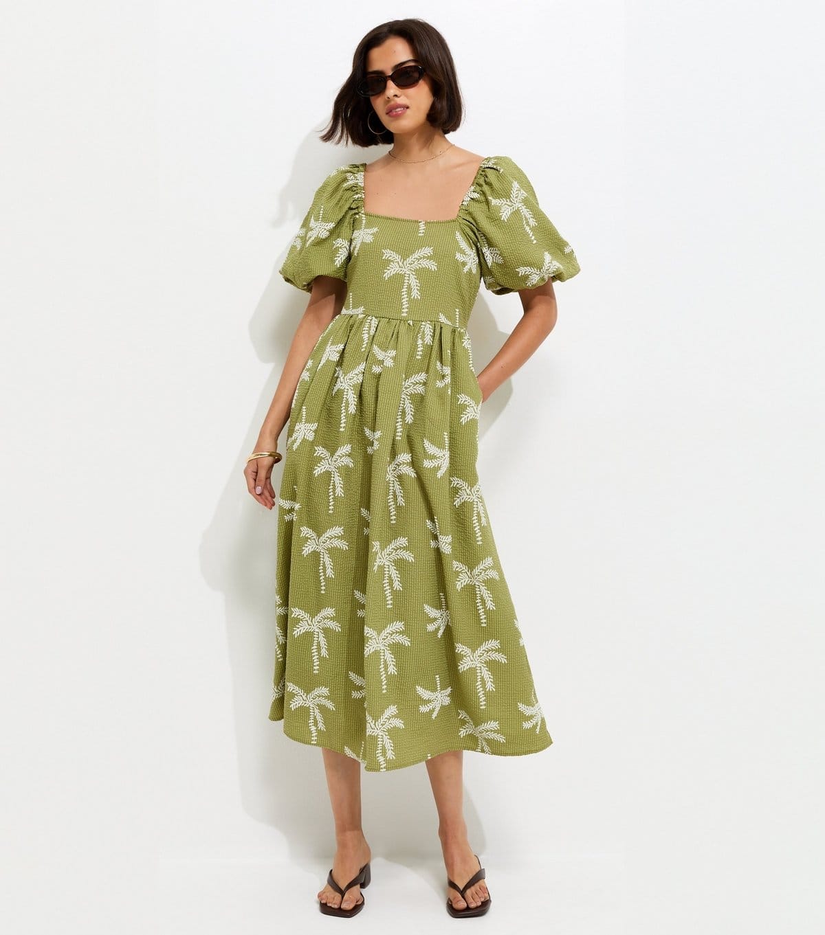 New Look Green Embroidered Palm Tree Puff Sleeve Midi Dress