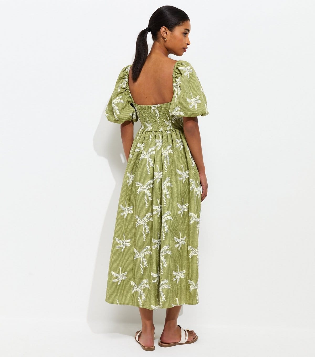 New Look Women's Green Embroidered Palm Tree Puff Sleeve Midi Dress New Look - 4