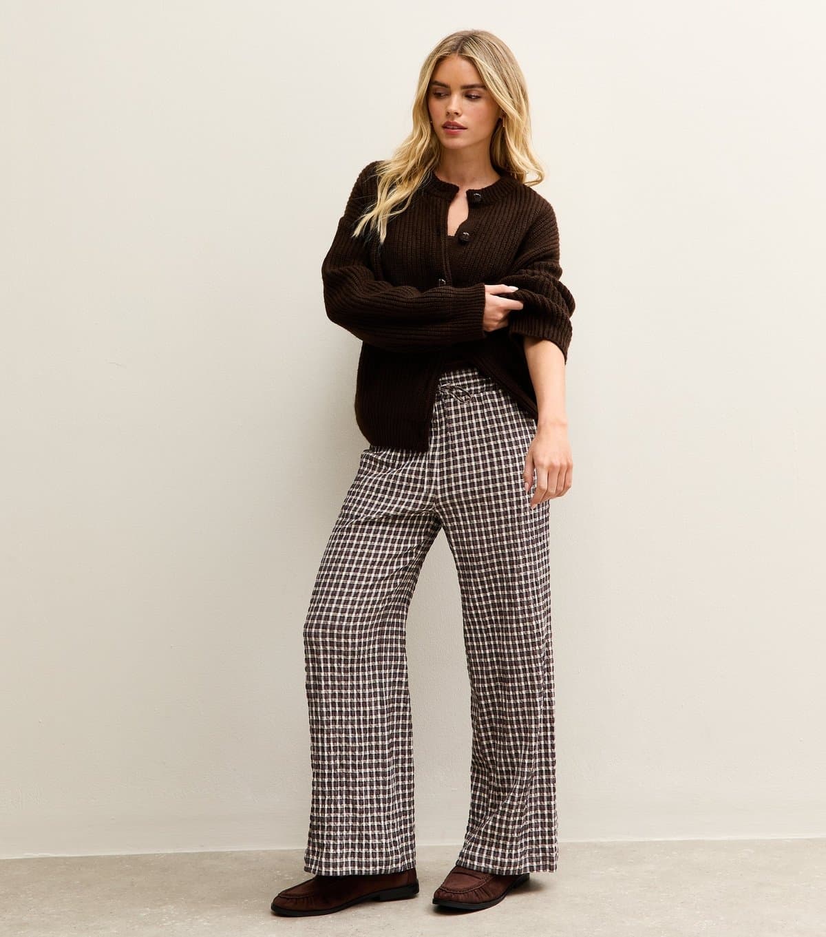 New Look Women's Petite Cream Checked Wide Leg Trouser New Look