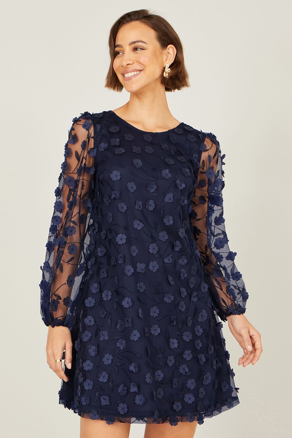 Yumi Yumi Women's Navy Long Sleeve Floral Applique Tunic - 1