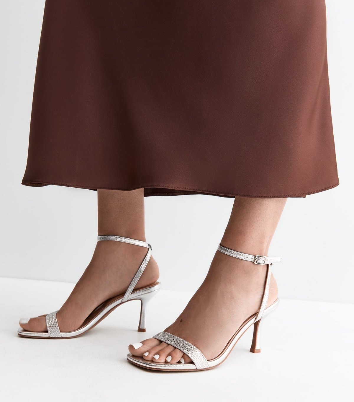 New Look Women's Silver Faux Leather Embellished Front Strap Sandals Vegan New Look