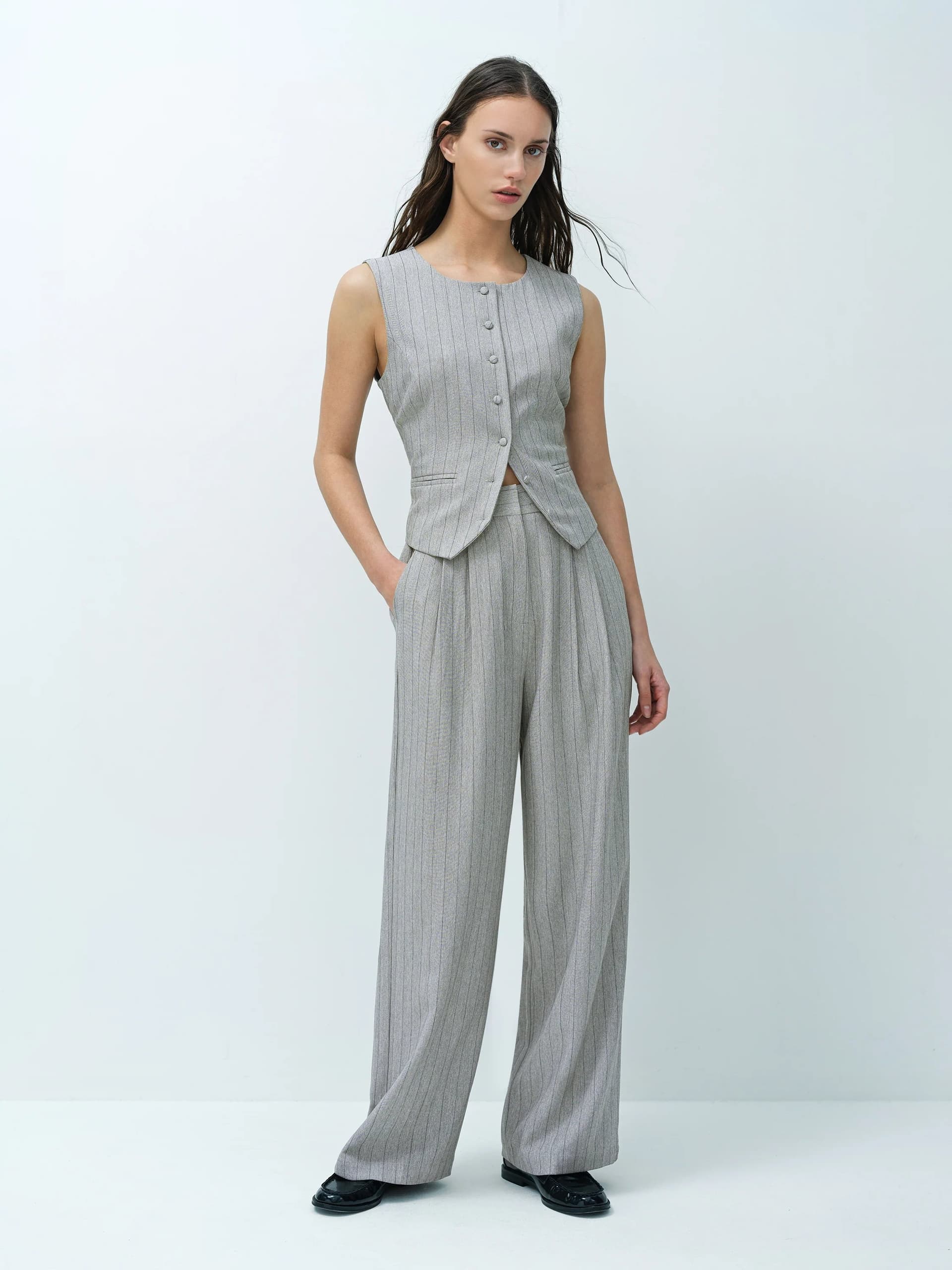 French Connection Enya Tailored Grey Pinstripe Wide Leg Trousers Grey