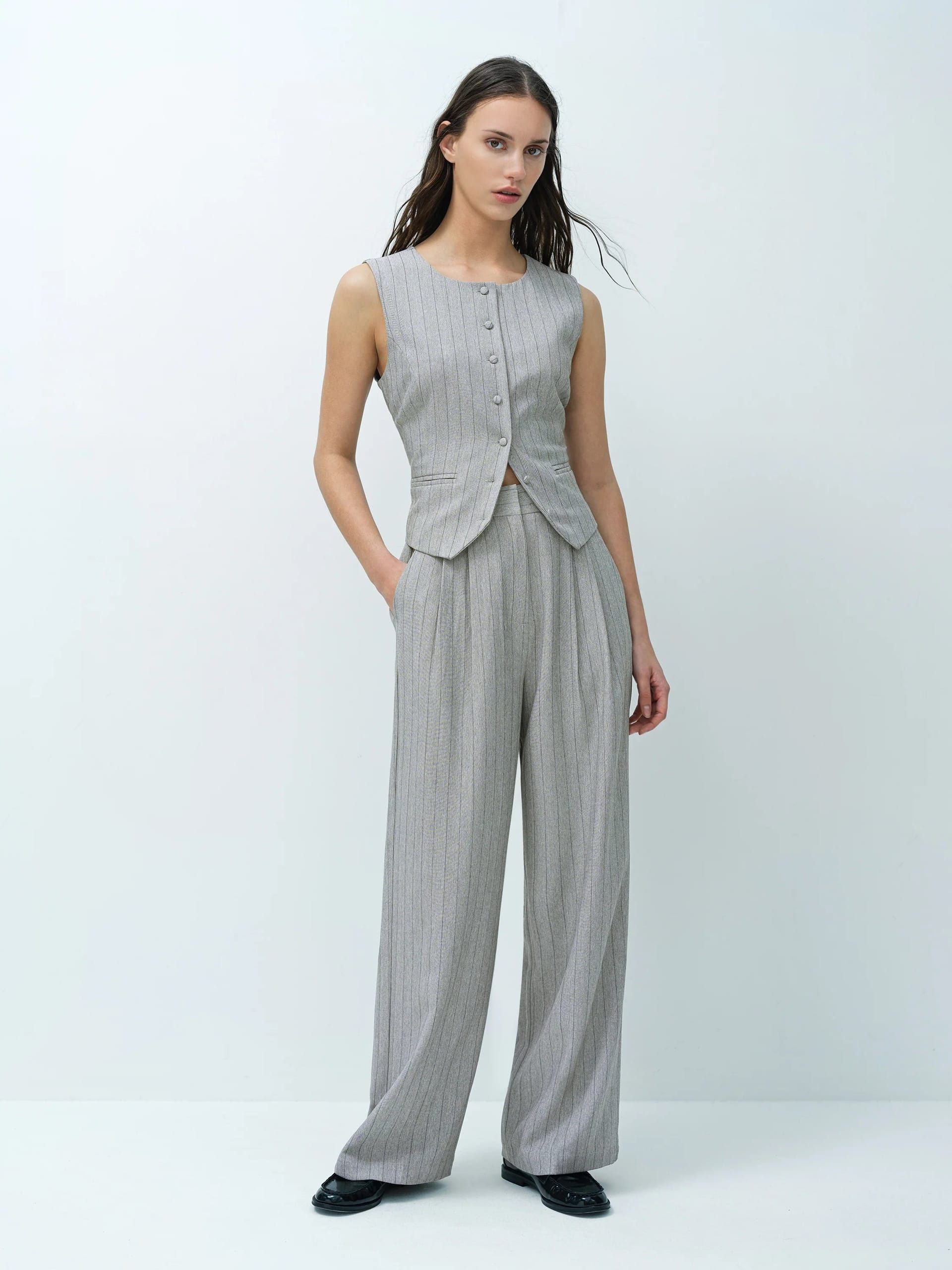 French Connection Grey Pinstripe Wide Leg Trousers