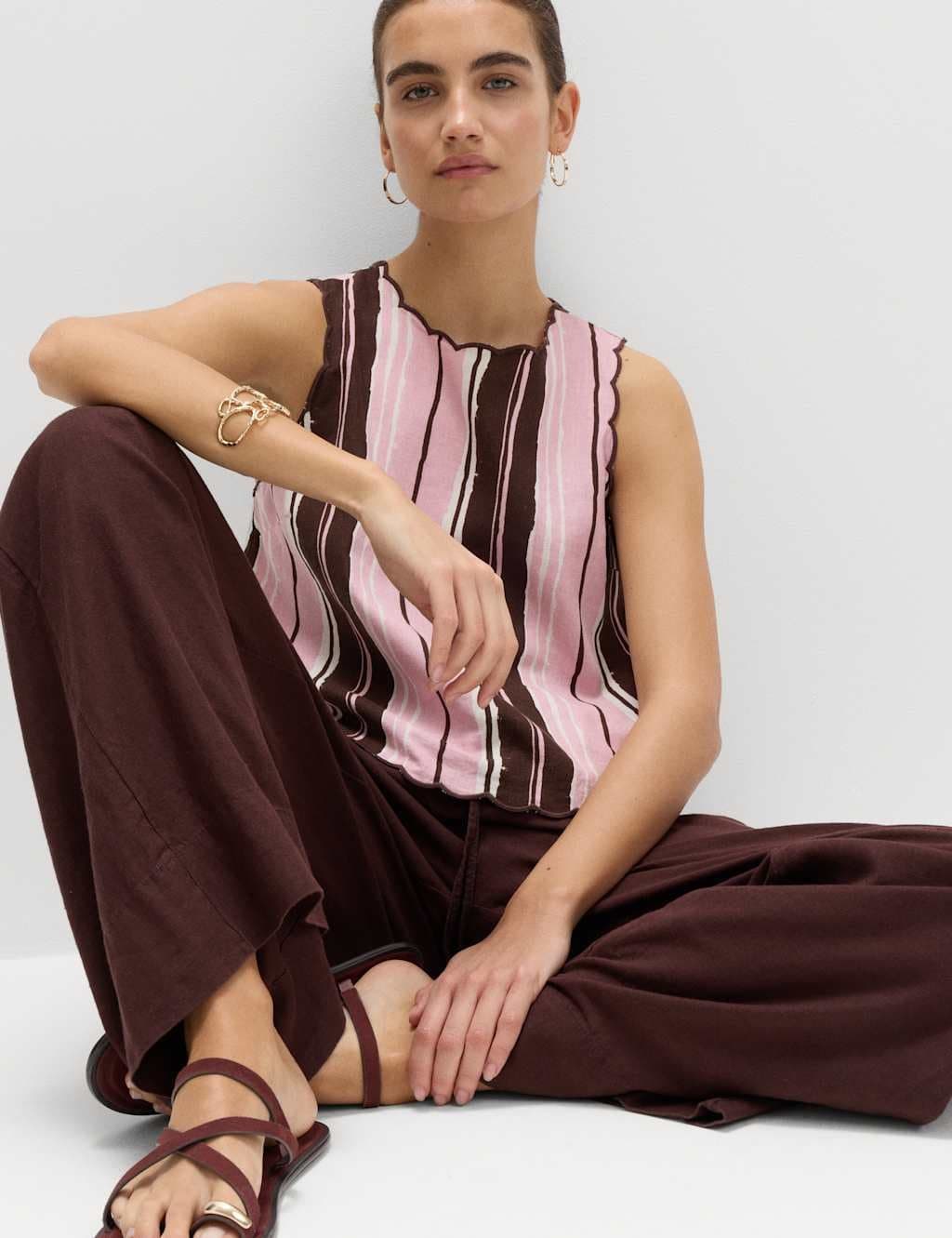 Marks & Spencer M&S Linen Rich Striped High Neck Vest Top Pink Mix