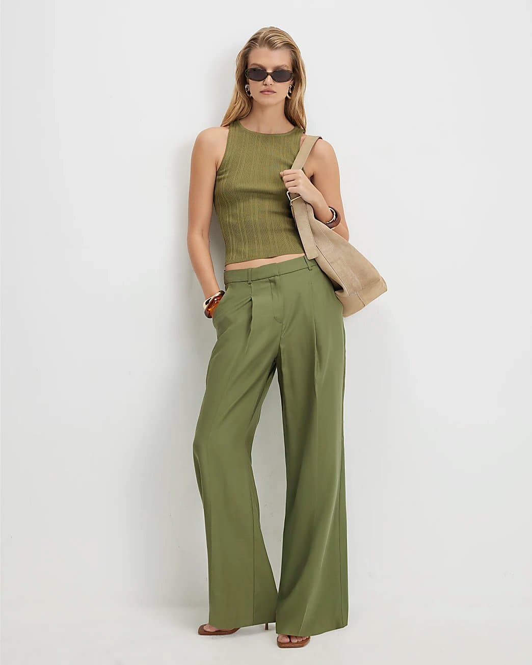 River Island River Island Womens Green Pleat Detail Wide Leg Trousers