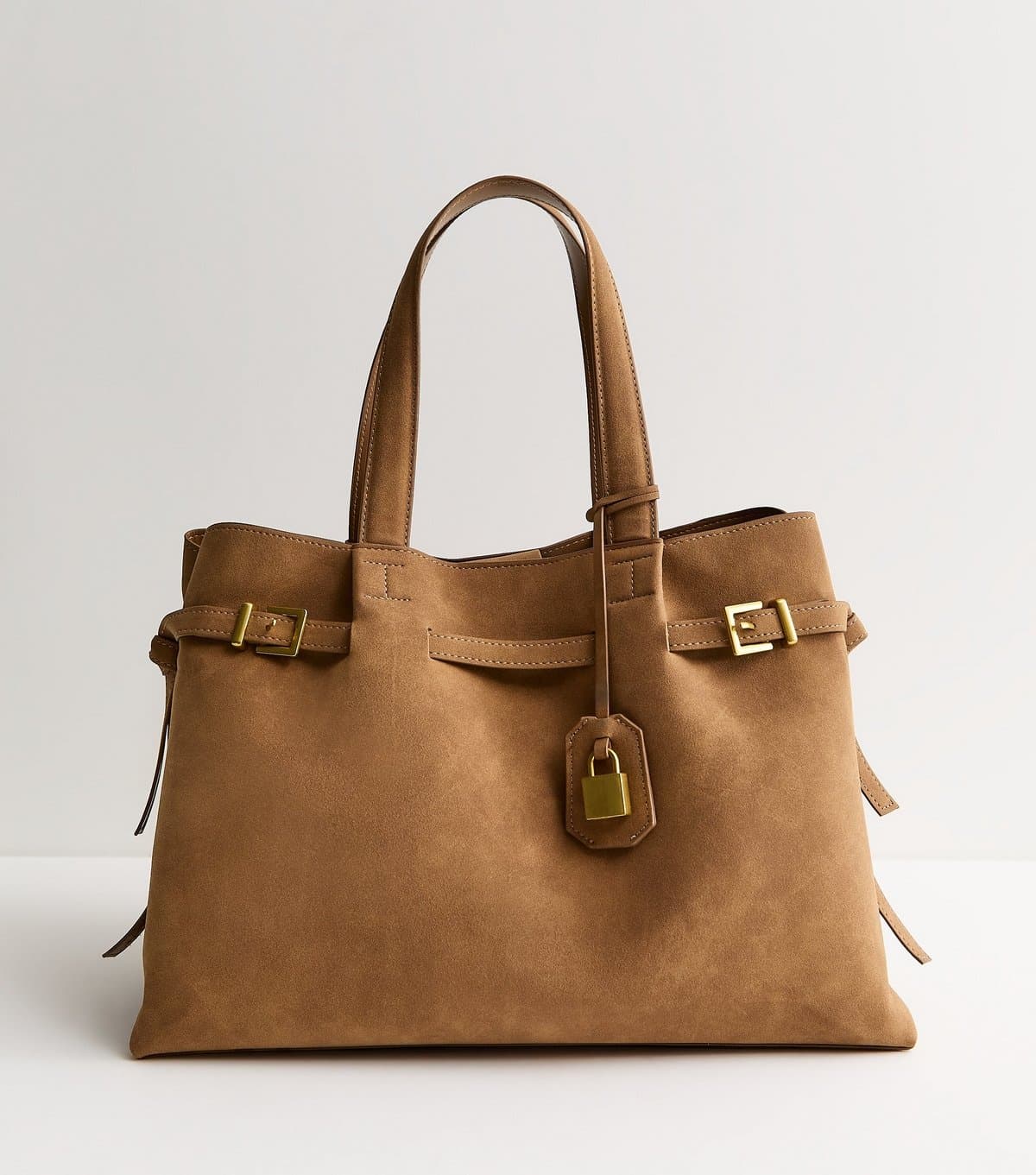 New Look Camel Faux Suede Belted Lock Tote Bag New Look