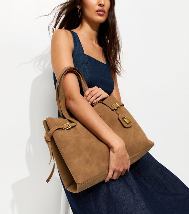 New Look Camel Faux Suede Belted Lock Tote Bag New Look - 2
