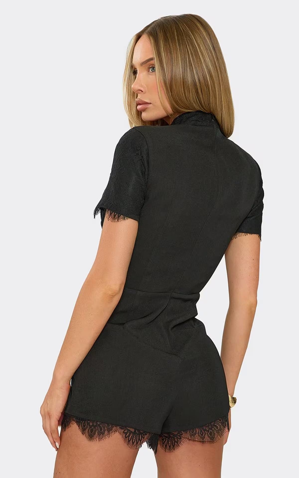 EGO Short Sleeve Keyhole Cut Out Corset Detail Tailored Playsuit In Black, Women's Size UK 6