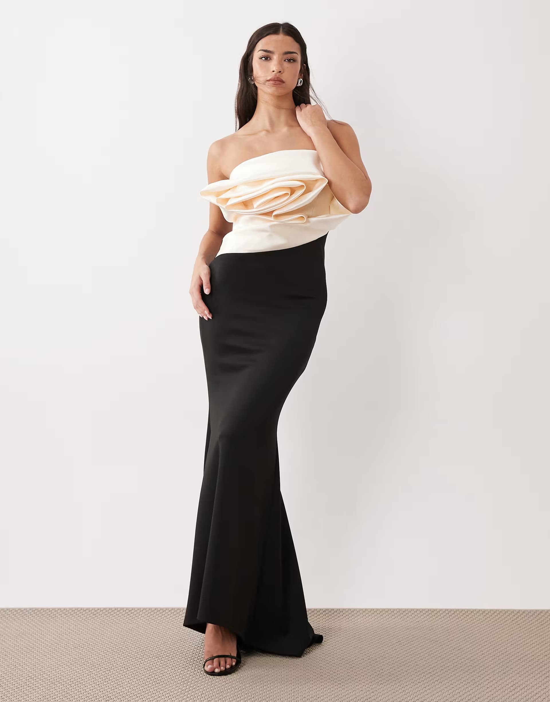 ASOS ASOS DESIGN Premium bandeau crepe fishtail maxi dress with contrast satin corsage in monochrome