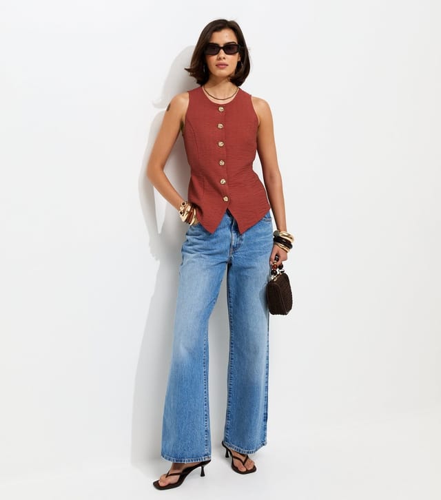 New Look Women's Rust Crinkled Textured Button Waistcoat New Look - 3