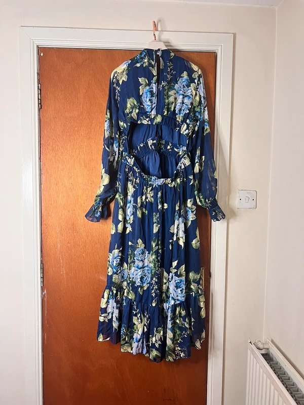 ASOS asos design satin stripe midi dress with blouson sleeve and button detail in navy floral print - 1