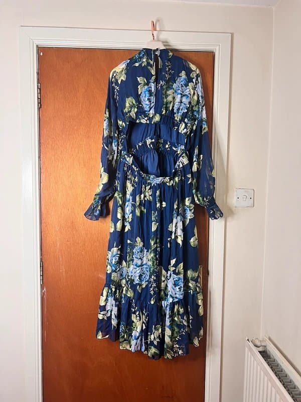 ASOS asos design satin stripe midi dress with blouson sleeve and button detail in navy floral print