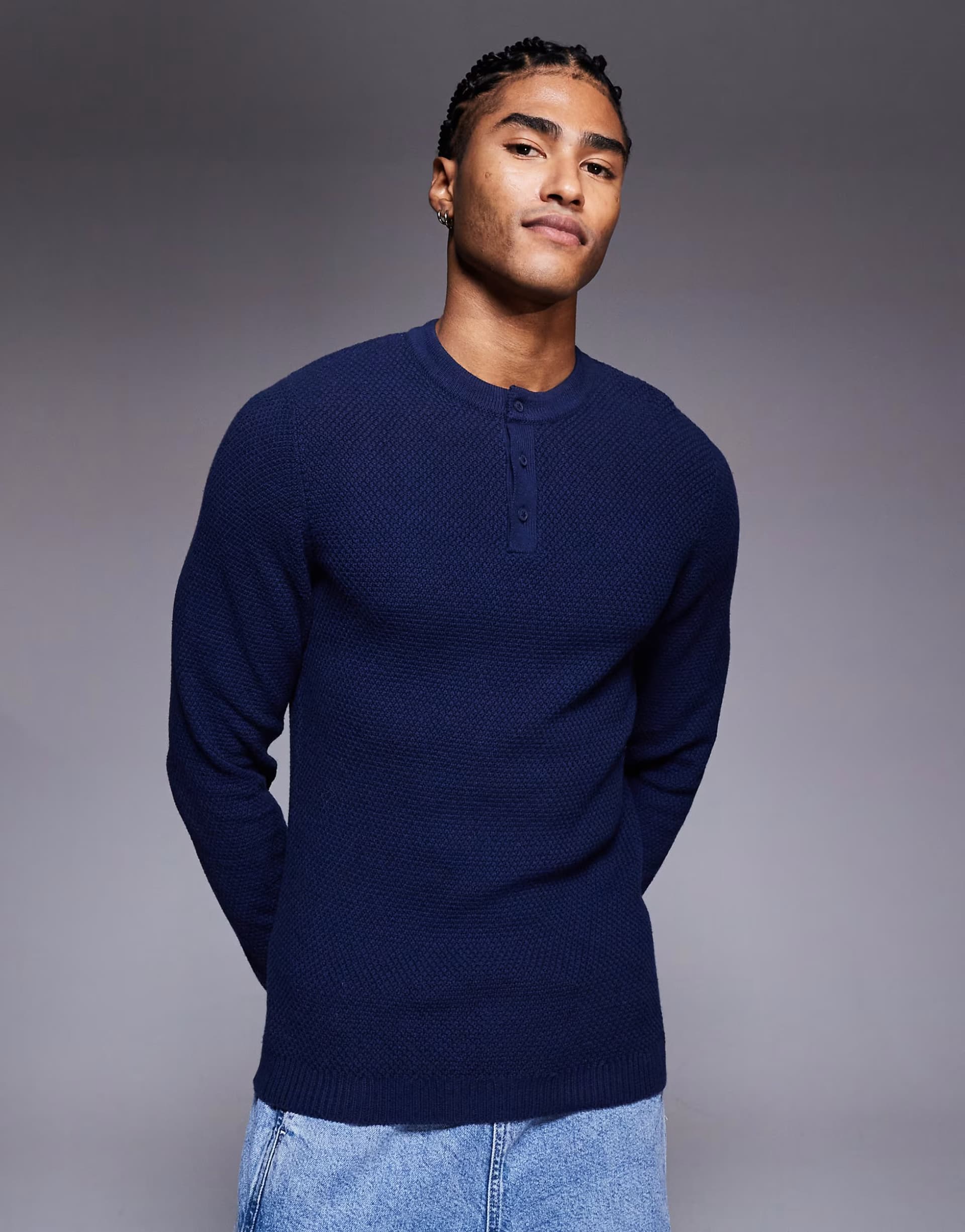 ASOS ASOS DESIGN muscle fit knitted henley neck jumper in navy