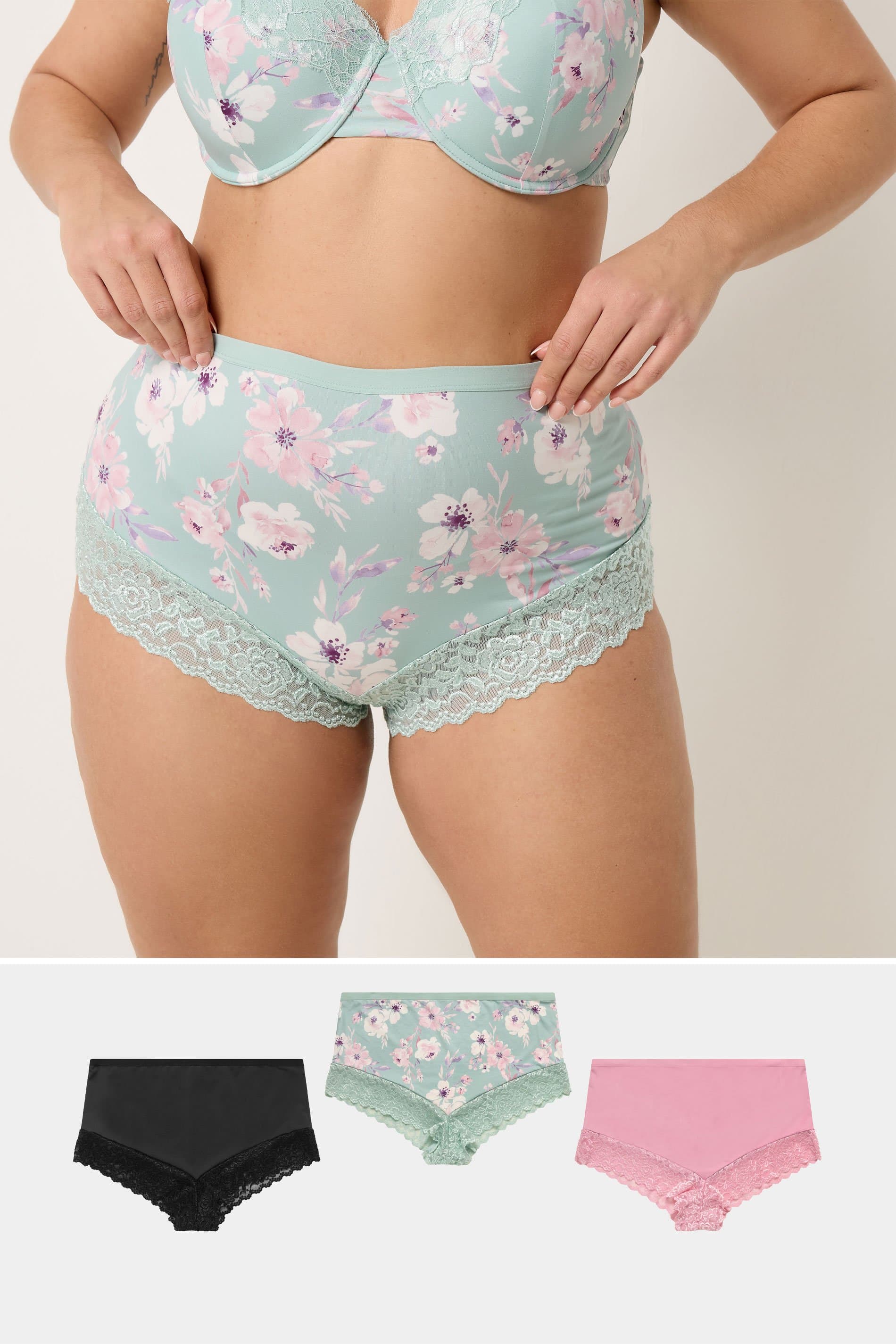Yours 3 Pack Plus Size Pink Lace Trim Full Briefs