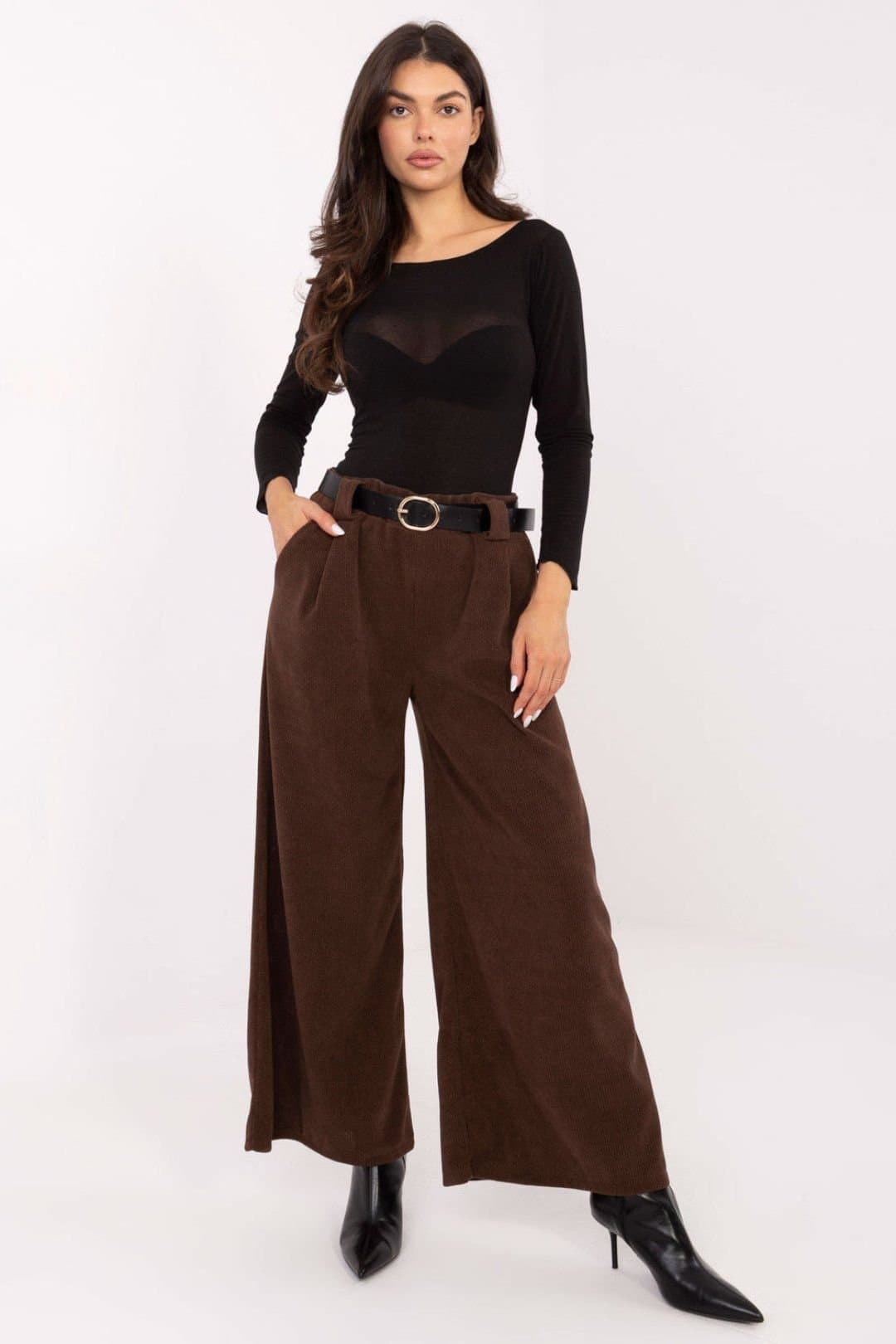 Love Lace Love Lace Women's High Waist Corduroy Wide Leg Belted Trousers in Brown