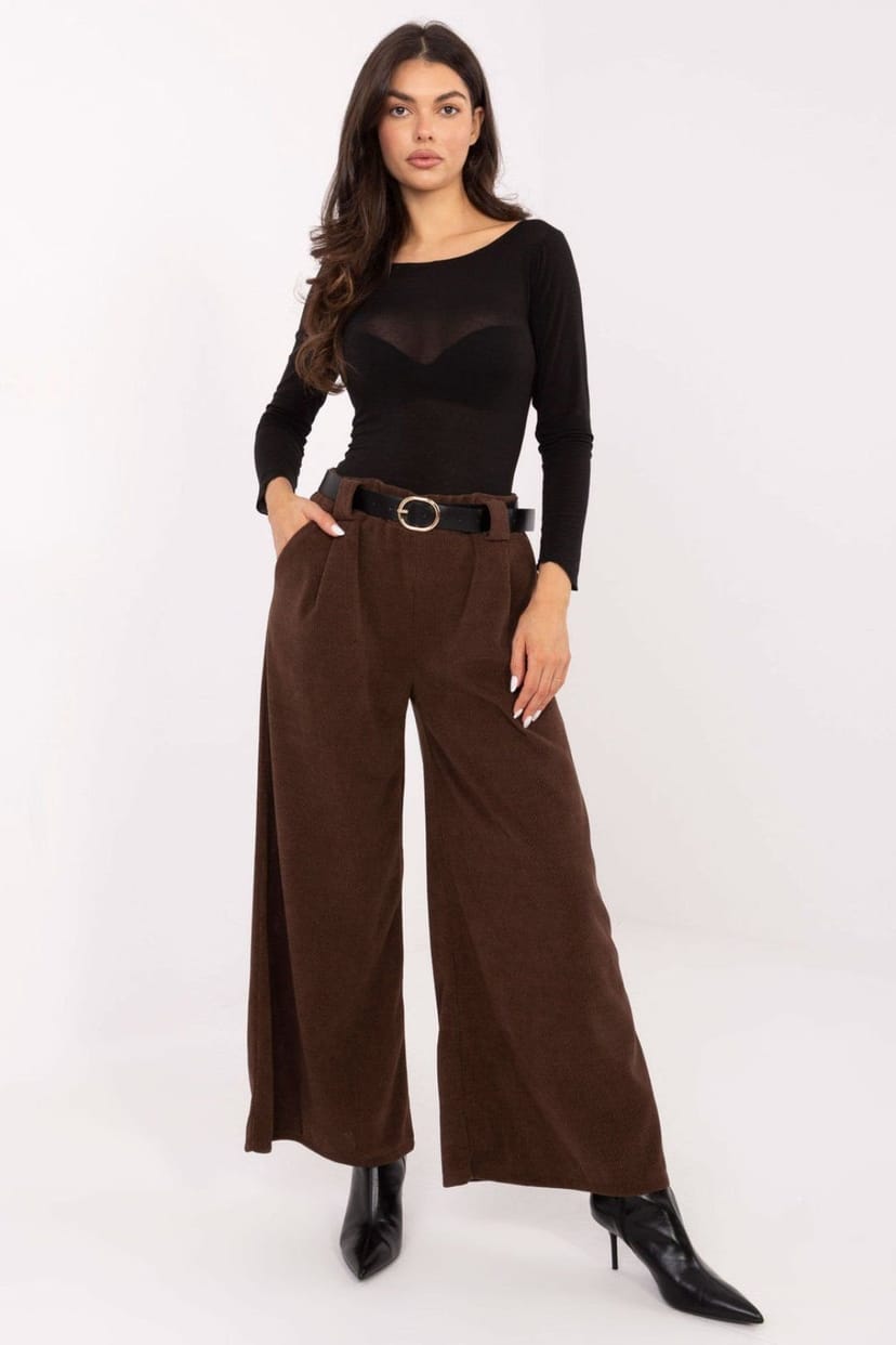 Love Lace Love Lace Women's High Waist Corduroy Wide Leg Belted Trousers in Brown - 1