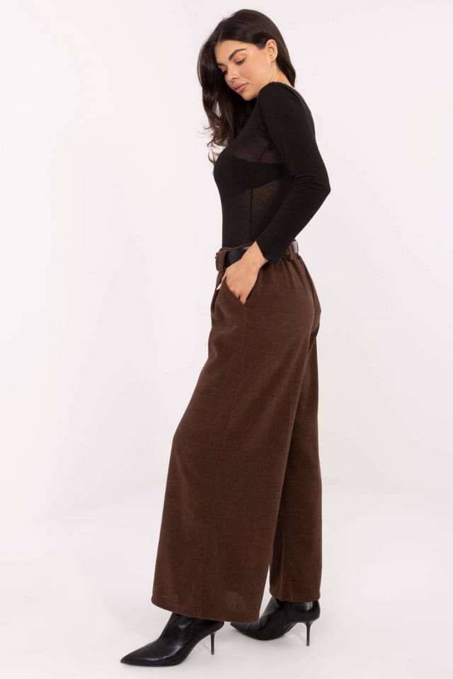 Love Lace Love Lace Women's High Waist Corduroy Wide Leg Belted Trousers in Brown - 3