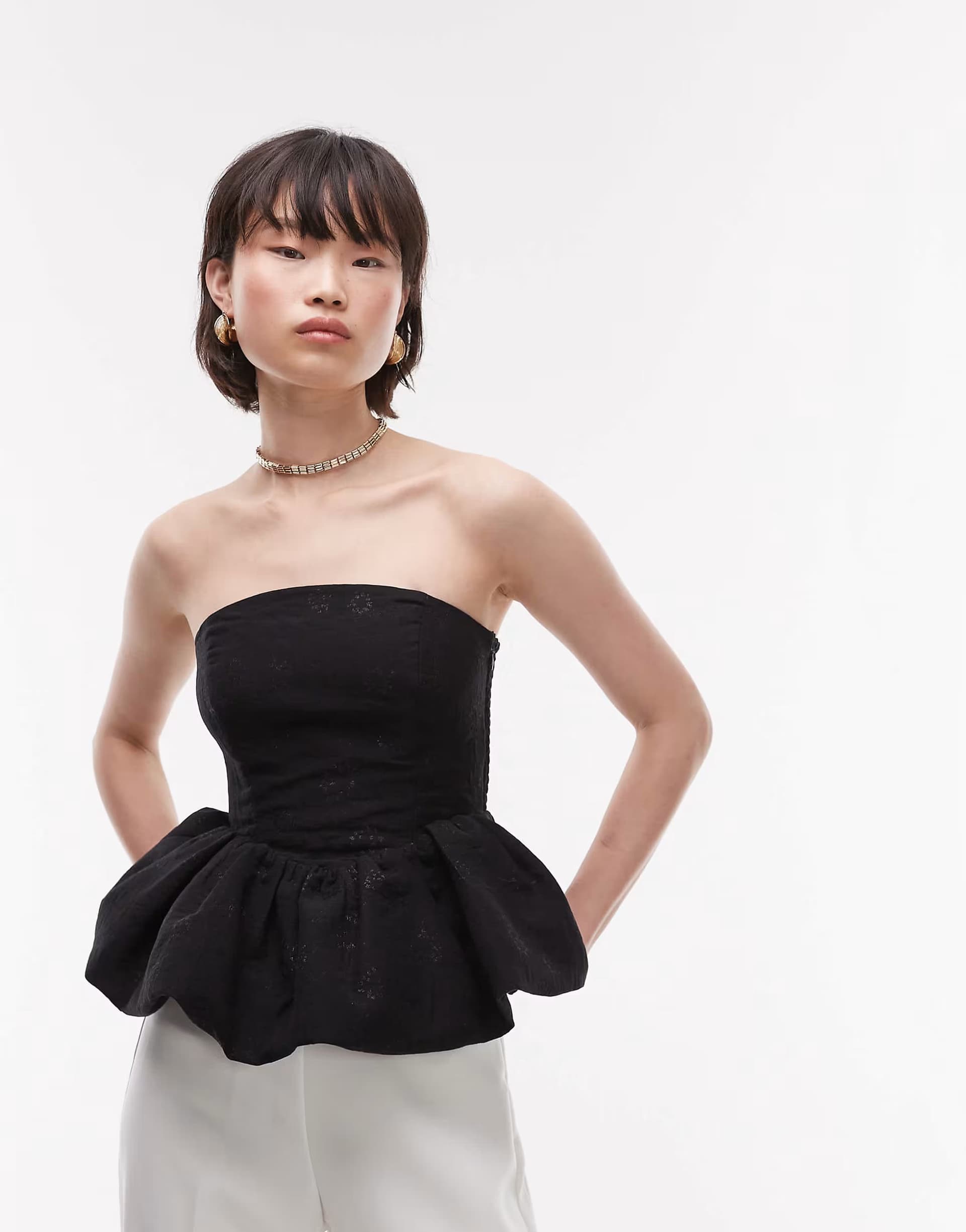 ASOS & Other Stories metallic floral brocade bandeau top with  puffball hem in black