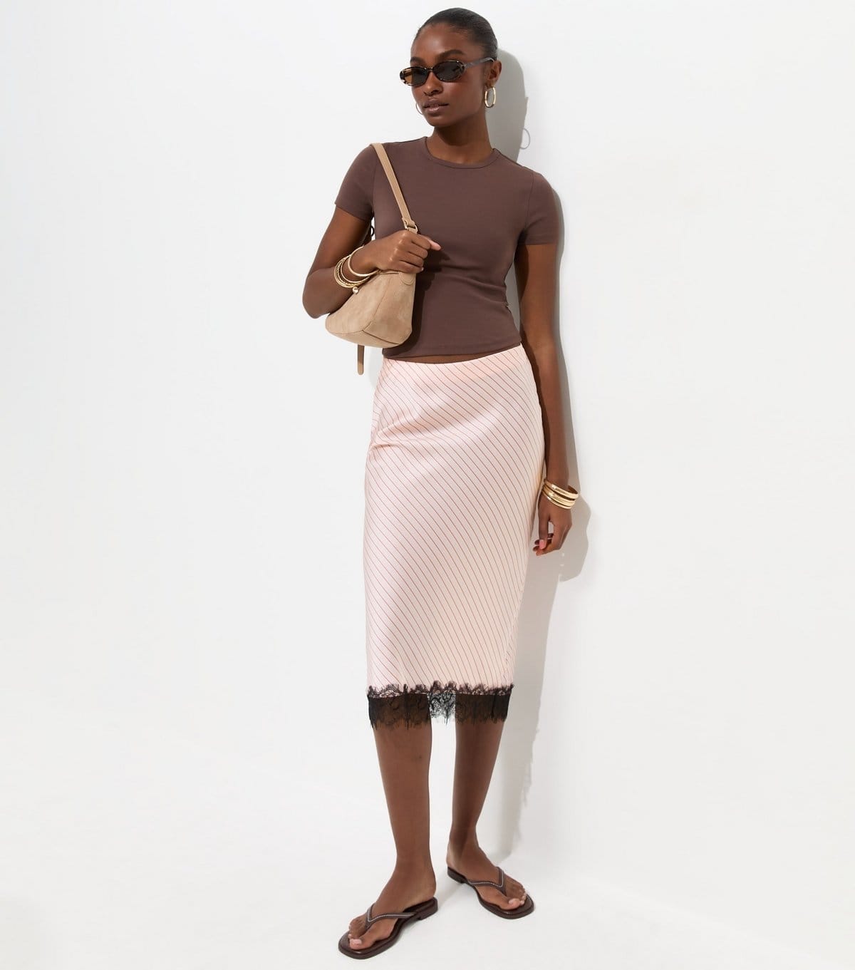 Women's Pink Diagonal Stripe Lace Trim Satin Skirt New Look